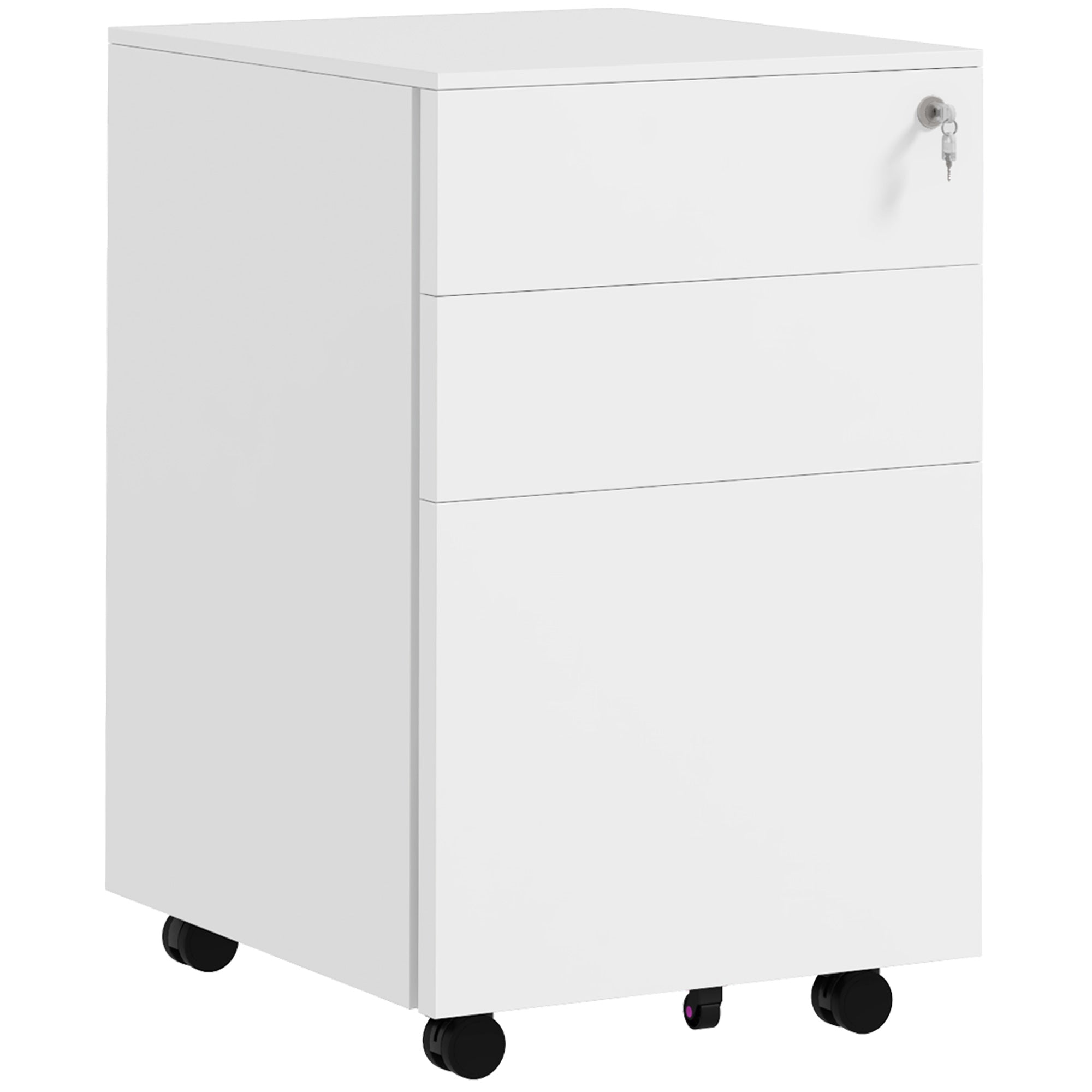 Vinsetto 3-Drawer Vertical Filing Cabinet with Pencil Tray, Lock and 5 Wheels, Steel Mobile File Cabinet, for A4, Legal and Letter Size, Pre-Assembled Body, White - North Peak Garden Furniture