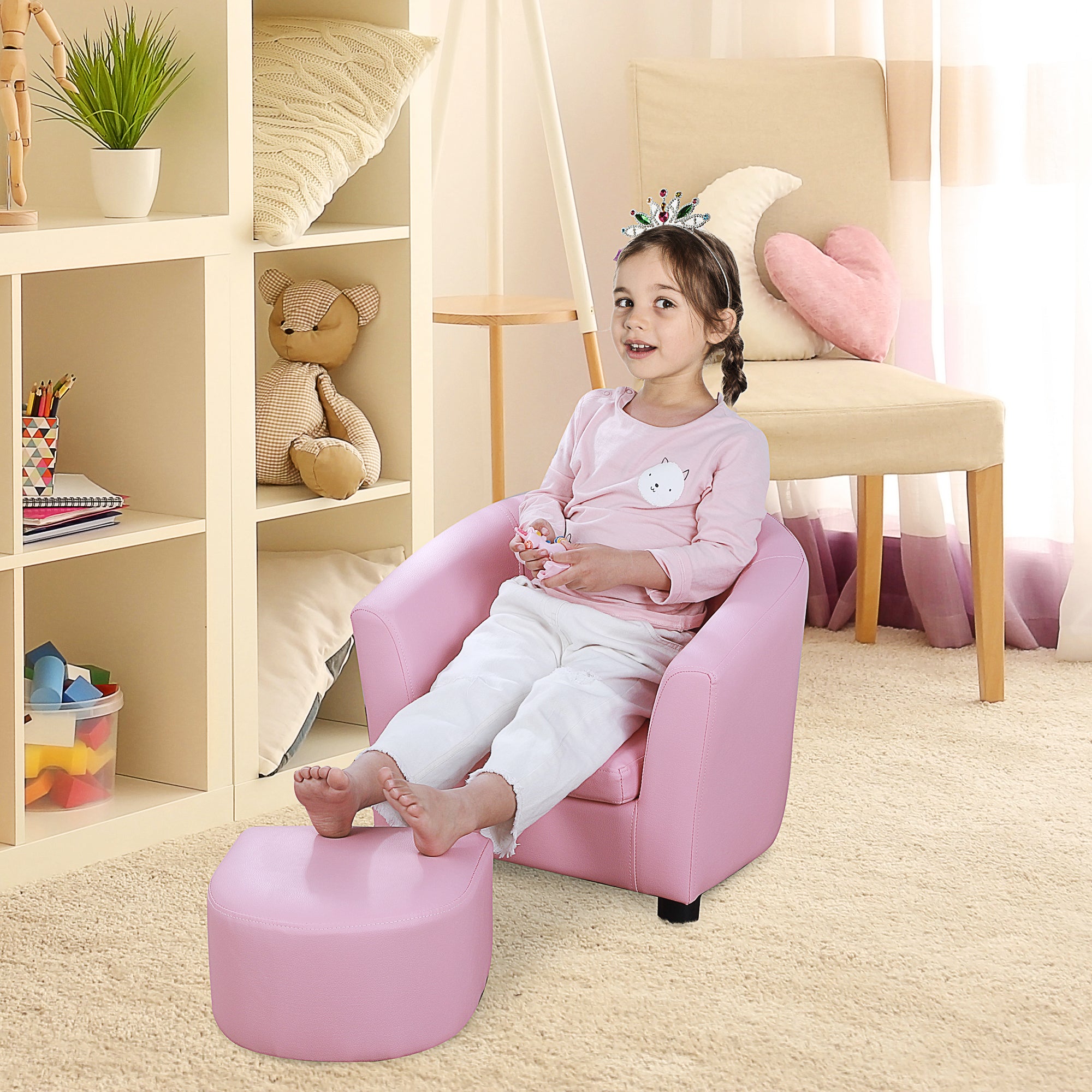 HOMCOM Kids Toddler Sofa Children's Armchair Footstool with Thick Padding, Anti-skid Foot Pads, 30 x 28 x 21cm, Pink - North Peak Garden Furniture