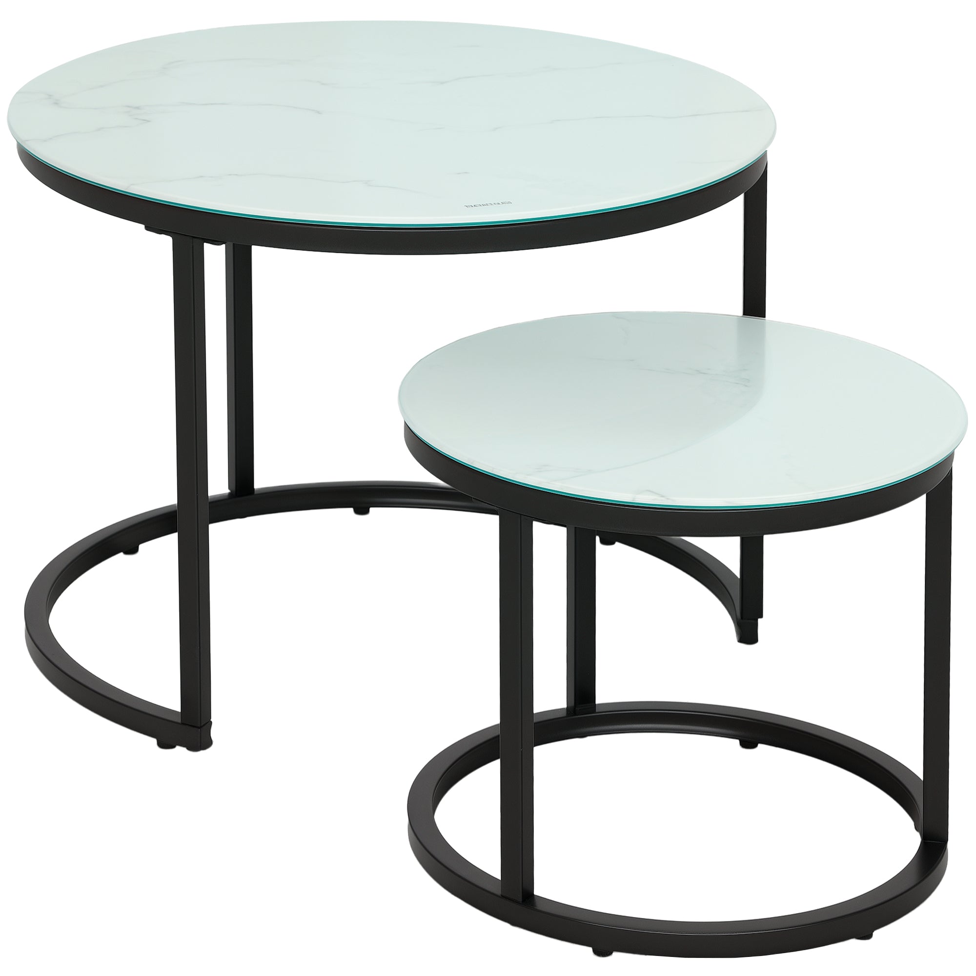 HOMCOM Glass Coffee Table Set of 2, Round Nest of Tables with Marble-Effect Tempered Glass Tabletop and Steel Frame, Modern Side Tables for Living Room, White