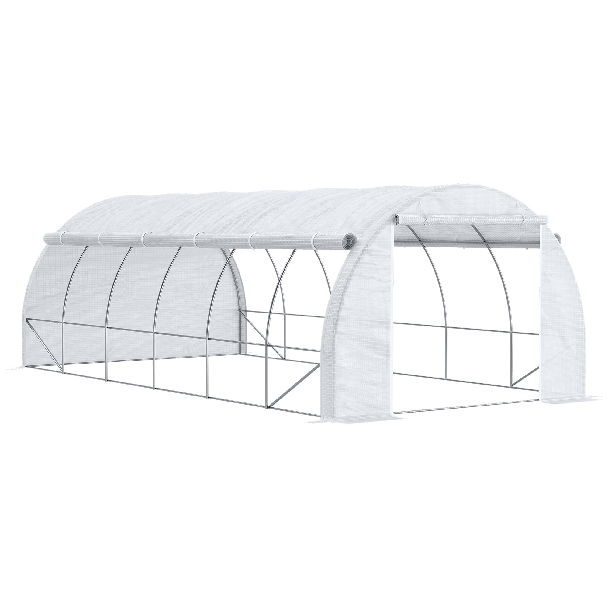 Outsunny 6 x 3 x 2 m Polytunnel Greenhouse with Roll-up Side Walls, Walk-in Grow House Tent with Steel Frame, Reinforced Cover, Zipped Door and 12 Mesh Windows for Garden, White - North Peak Garden Furniture