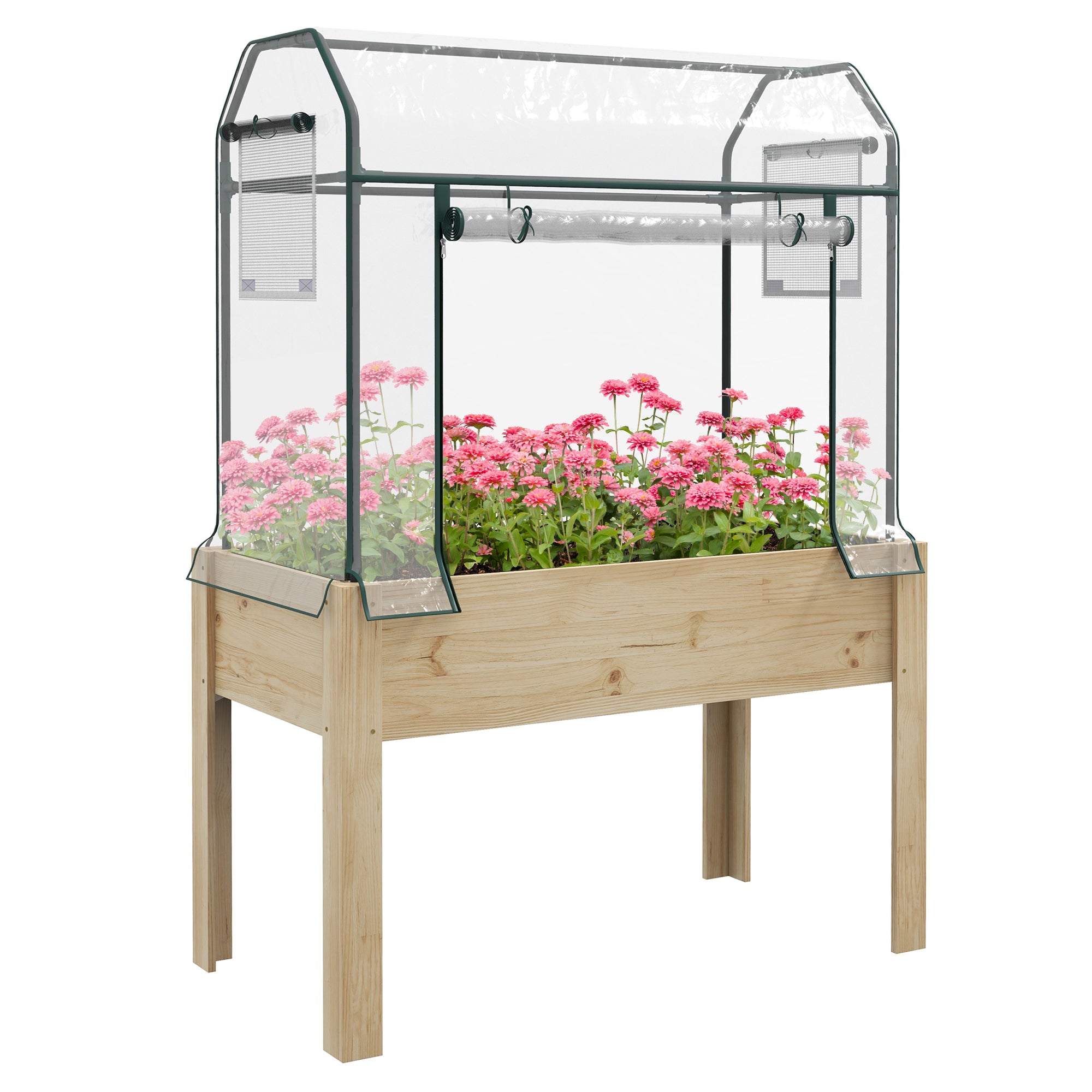 Outsunny Wooden Planter Box with Greenhouse Cover and Bed Liner, Raised Garden Bed for Vegetables, Flowers, Herbs - North Peak Garden Furniture