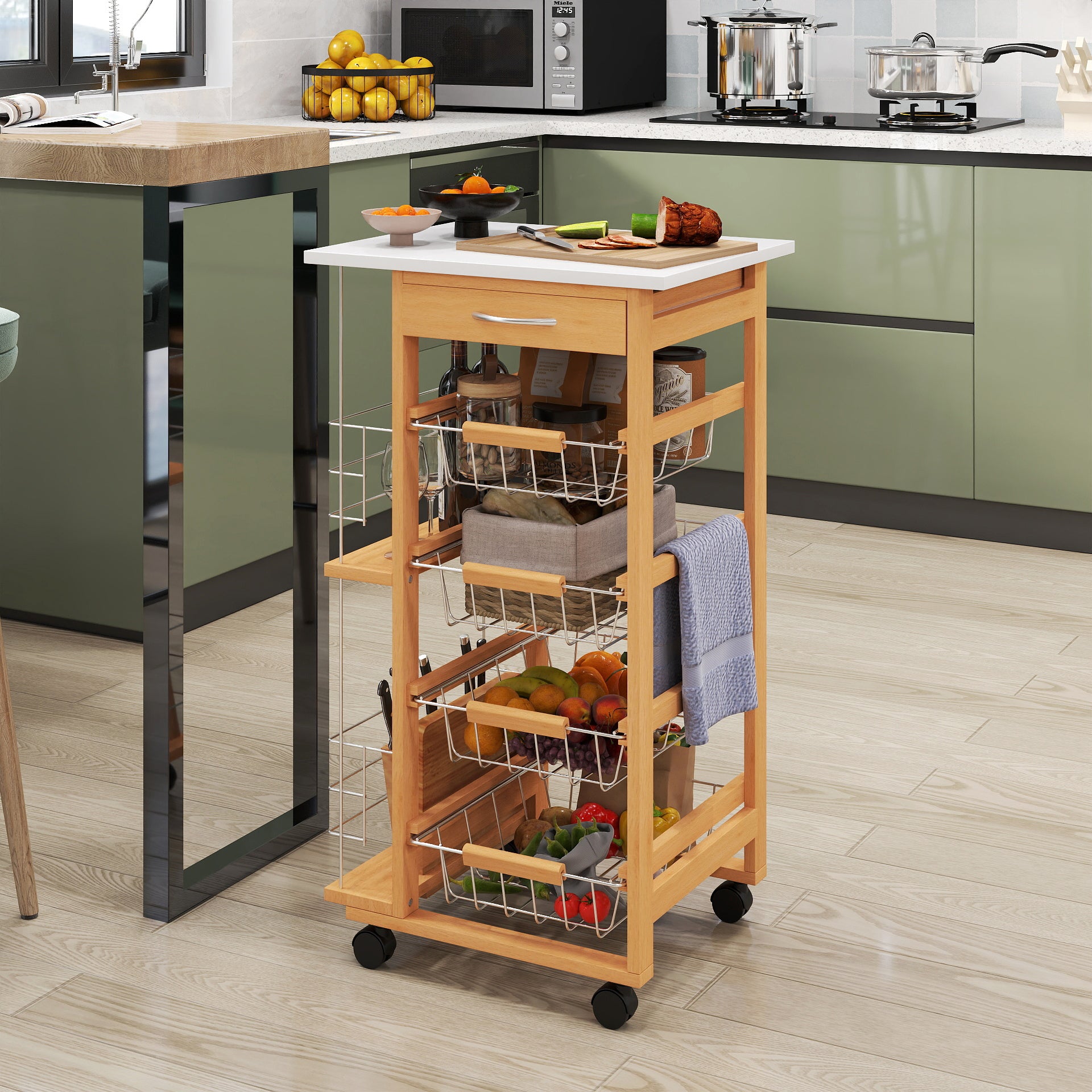HOMCOM Rolling Kitchen Cart, Utility Storage Cart with 4 Basket Drawers & Side Racks, Wheels for Dining Room, Brown - North Peak Garden Furniture