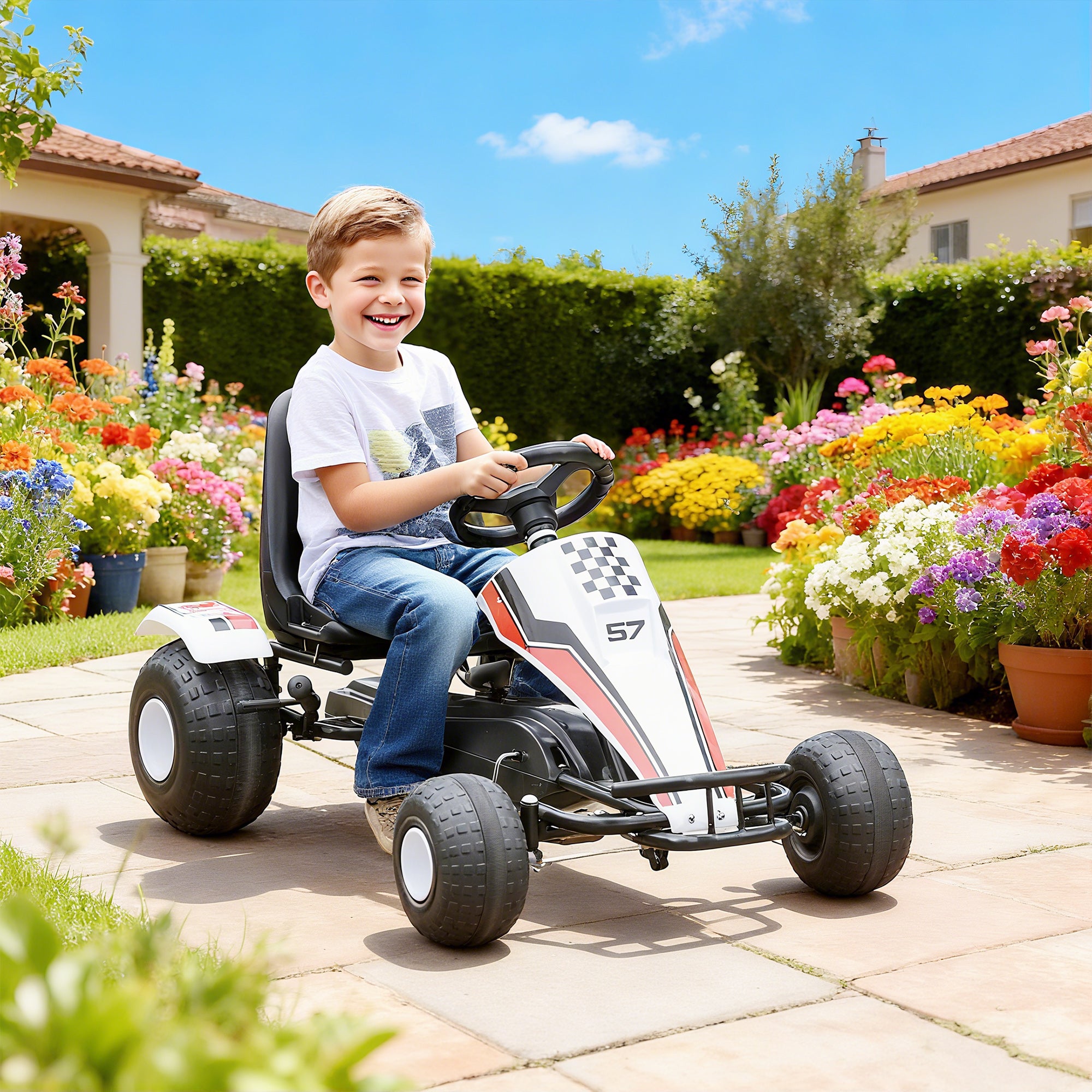 HOMCOM Kids Children Pedal Go Kart Manual Ride On Car w/ Brake Gears Steering Wheel Adjustable Seat 4 Smooth Wheels Racing-Style White 104 x 66 x 57 cm