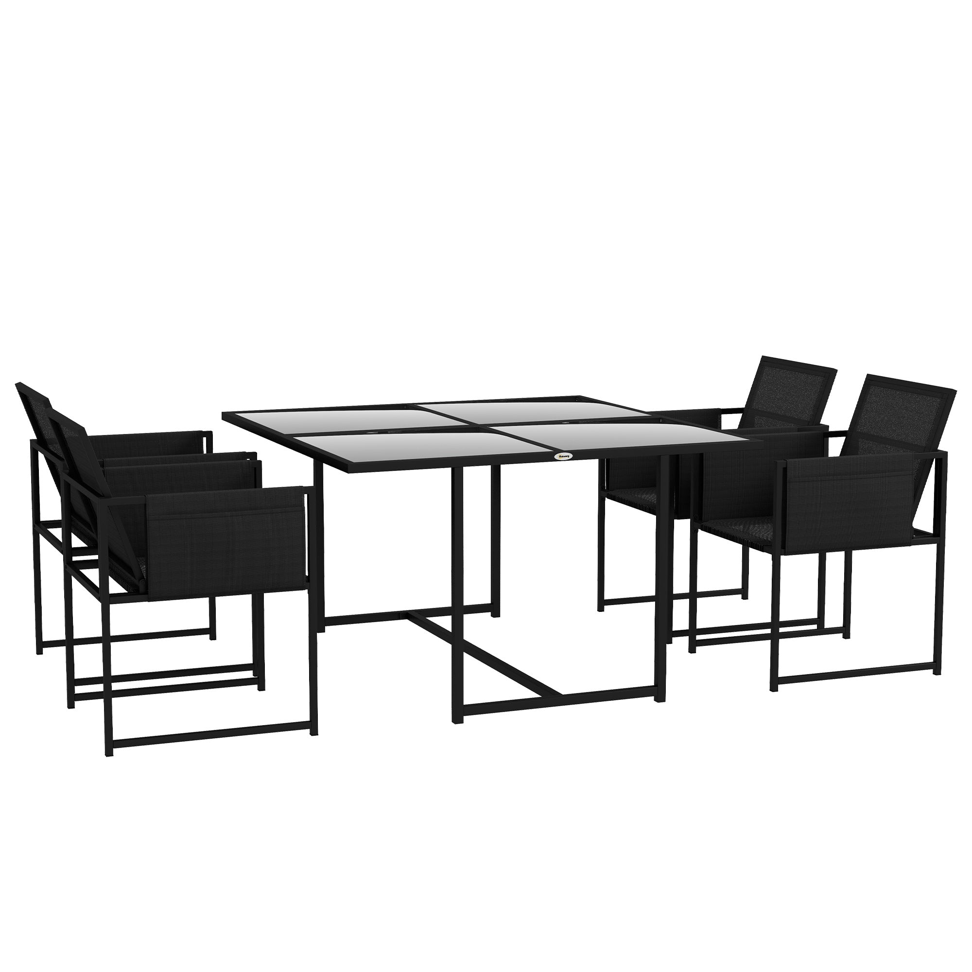 Outsunny 5 Piece Garden Dining Set with Breathable Mesh Seat, Adjustable Backrest, Tempered Glass Table Top for Patio, Black - North Peak Garden Furniture