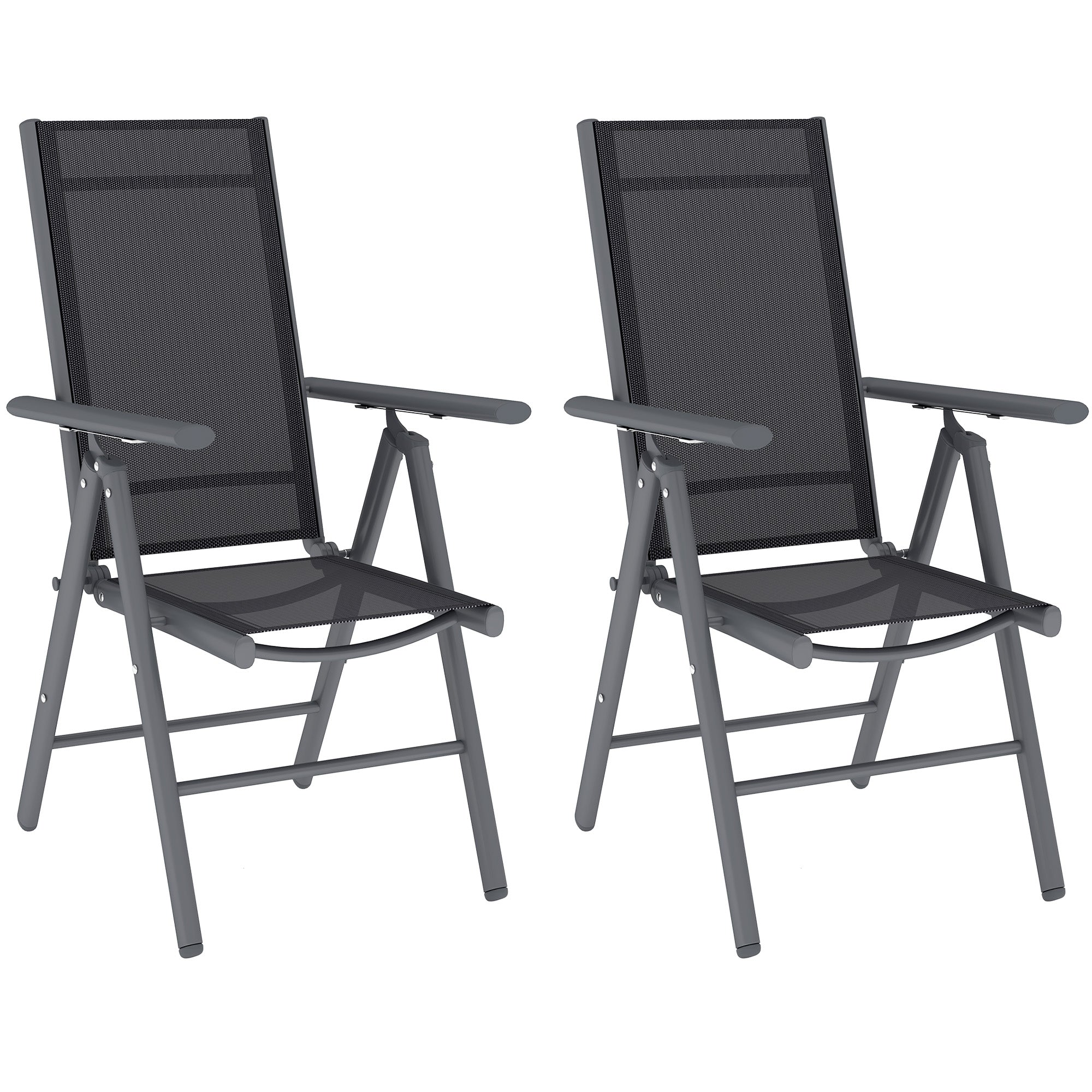 Outsunny Set of 2 Folding Chair, Aluminium Frame Outdoor Camping Chairs with Breathable Mesh Back and Seat, Garden Chair Set with Armrests for Balcony, Dark Grey - North Peak Garden Furniture
