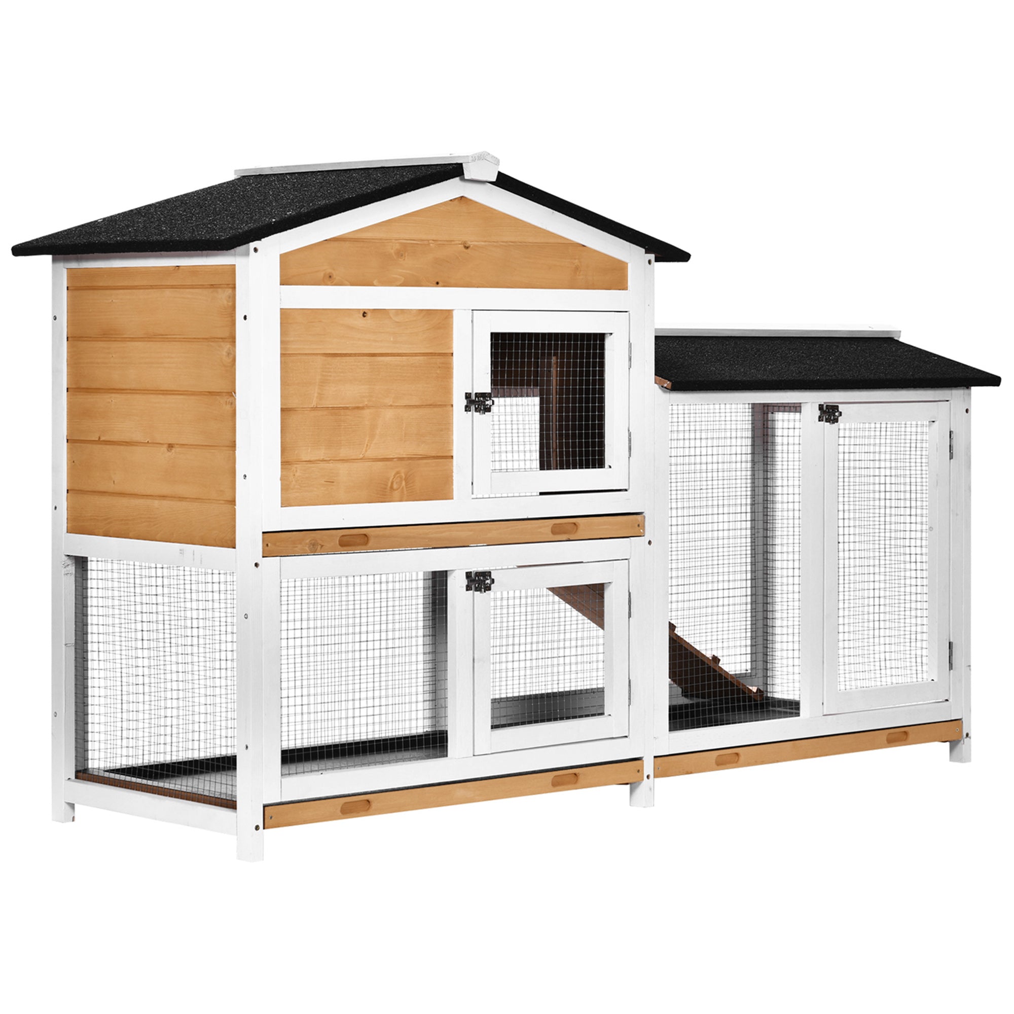 PawHut Rabbit Hutch Guinea Pig Hutch Wooden House with Run, 2 Tier Pet Cage Outdoor with No-leak Plastic Trays, 157.4 x 53 x 93.5cm, Yellow - North Peak Garden Furniture