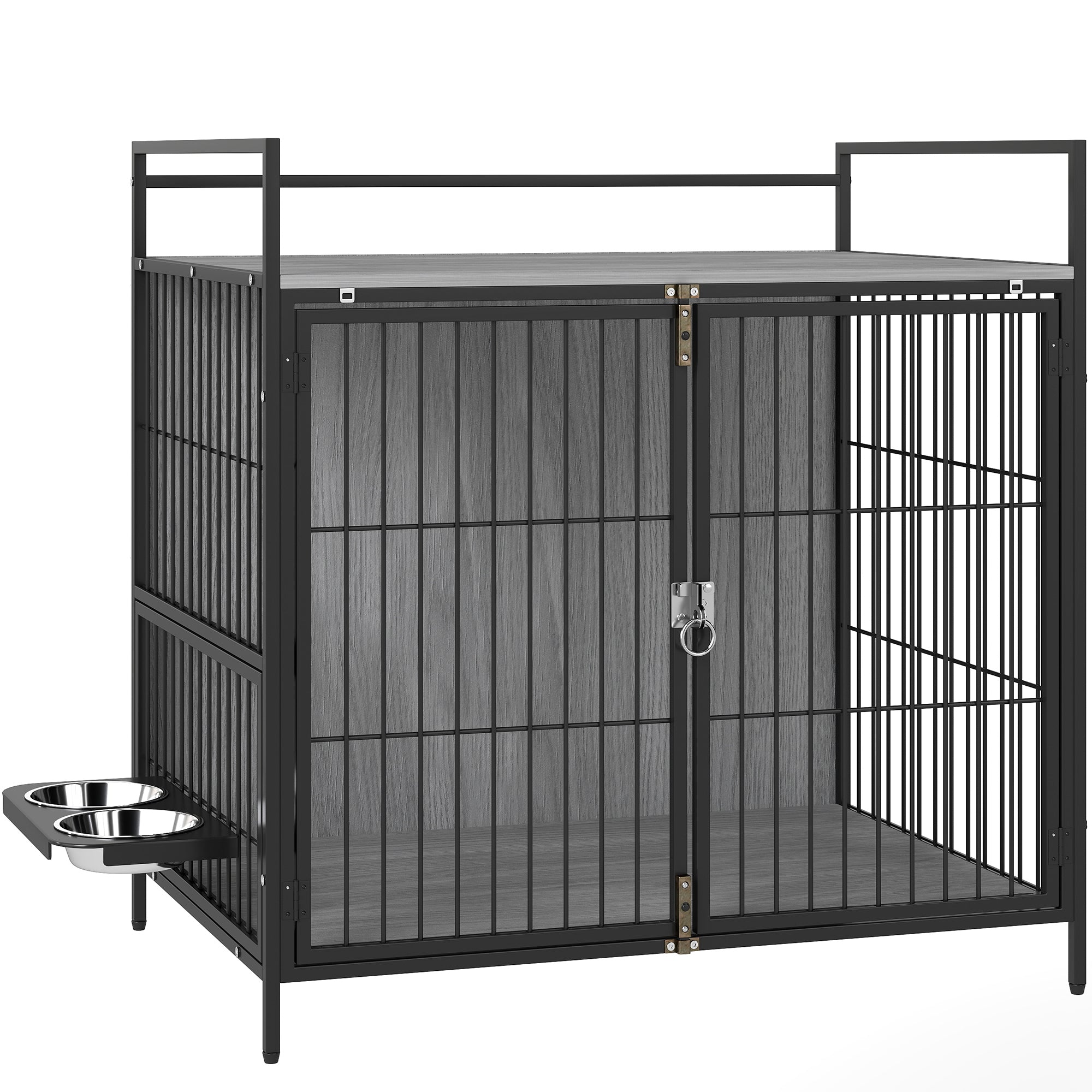 PawHut Dog Crate Furniture with Rotating Bowl Holder, 2 Bowls, 2 Doors, for Medium Dogs, 80 x 56 x 76.5 cm, Grey - North Peak Garden Furniture