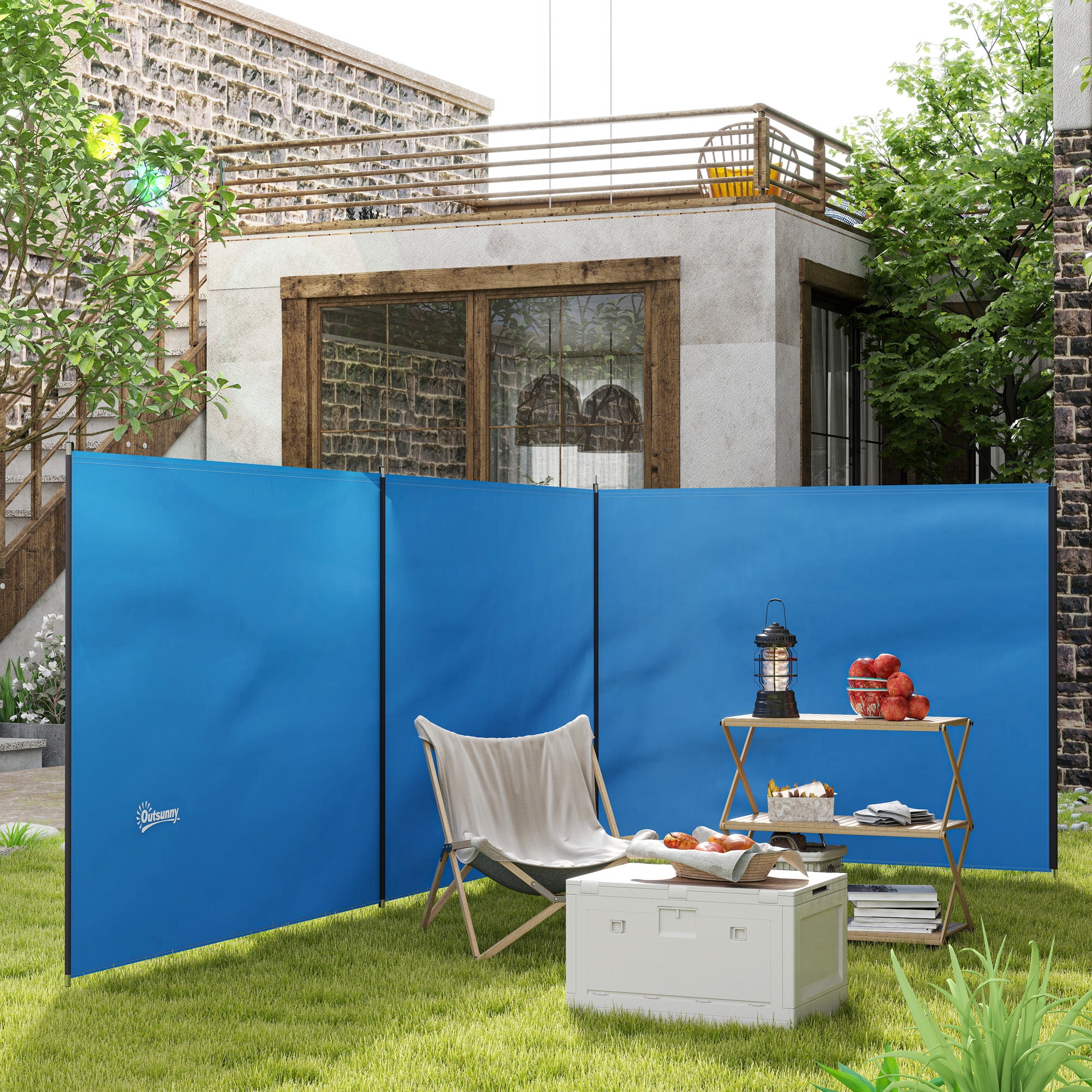 Outsunny 5 Pole Camping Windbreaks, Beach Wind Shield Shelter with Carry Bag and Steel Poles, Outdoor Caravan Privacy Shield, 540cm x 150cm, Blue - North Peak Garden Furniture