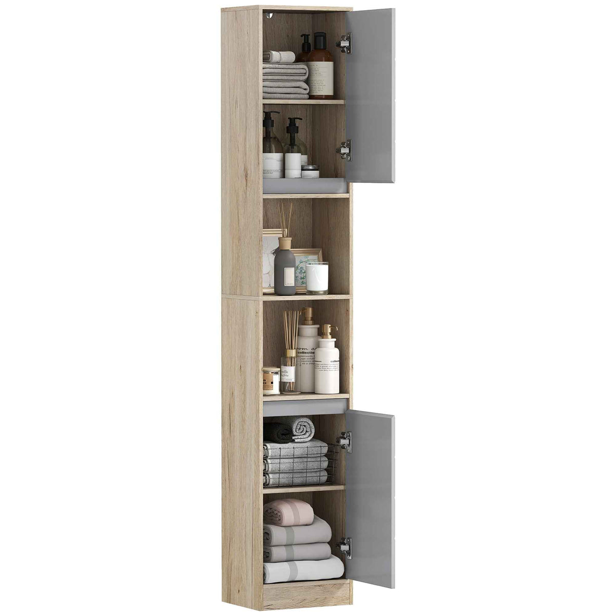 HOMCOM Freestanding Bathroom Storage Cabinet w/ 2 Cupboards 2 Compartments Home Organisation Anti-Tipping Elevated Base 30L x 24W x 170H cm Grey&Brown