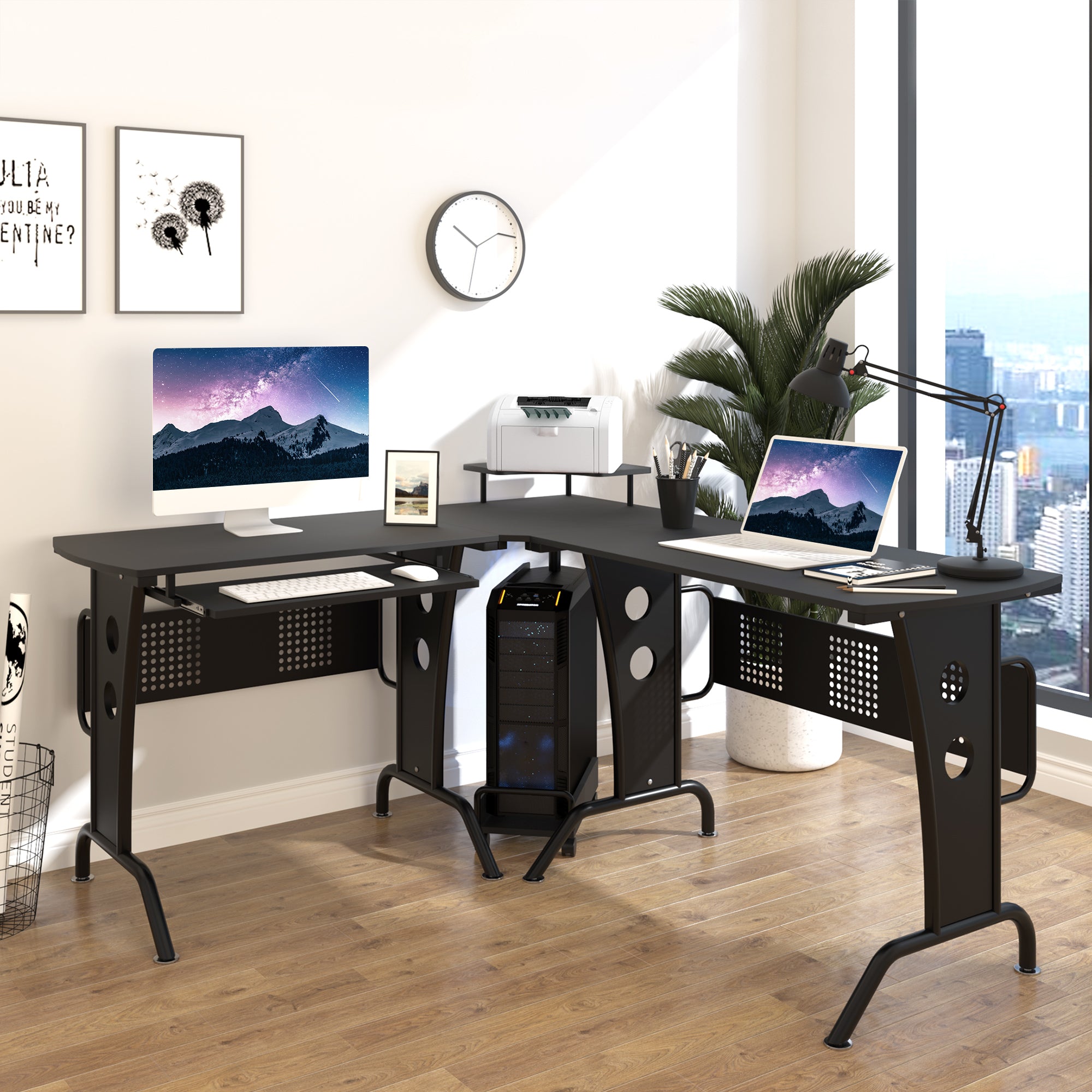 HOMCOM L-Shaped Corner Desk, Gaming Desk with CPU Rack, Keyboard Tray, Space-Saving Computer Desk with Steel Frame for Home Office,165 x 145 x 86.5cm, Black - North Peak Garden Furniture