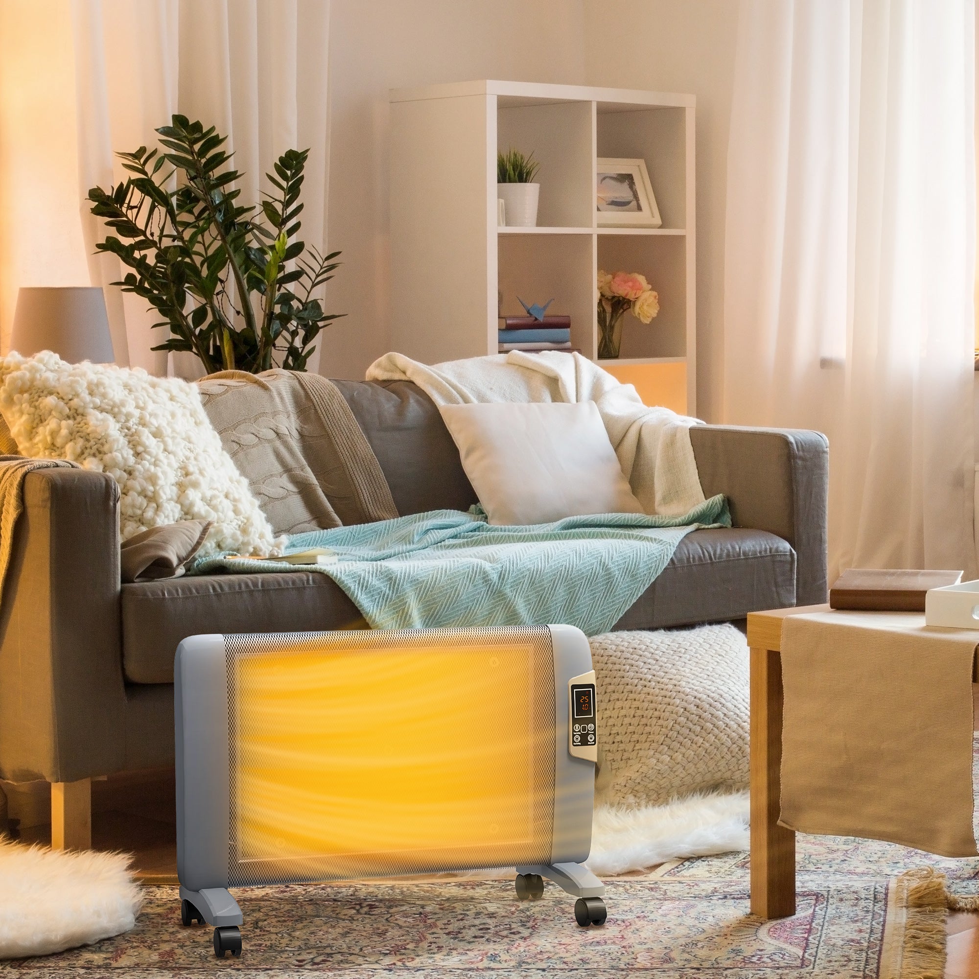 HOMCOM Mica Electric Space Heater, Portable Heater for Home with 2 Heat Settings, Living Room, Study, Garage, Adjustable Temperature 18-30°C, 1000W/2000W, Grey - North Peak Garden Furniture