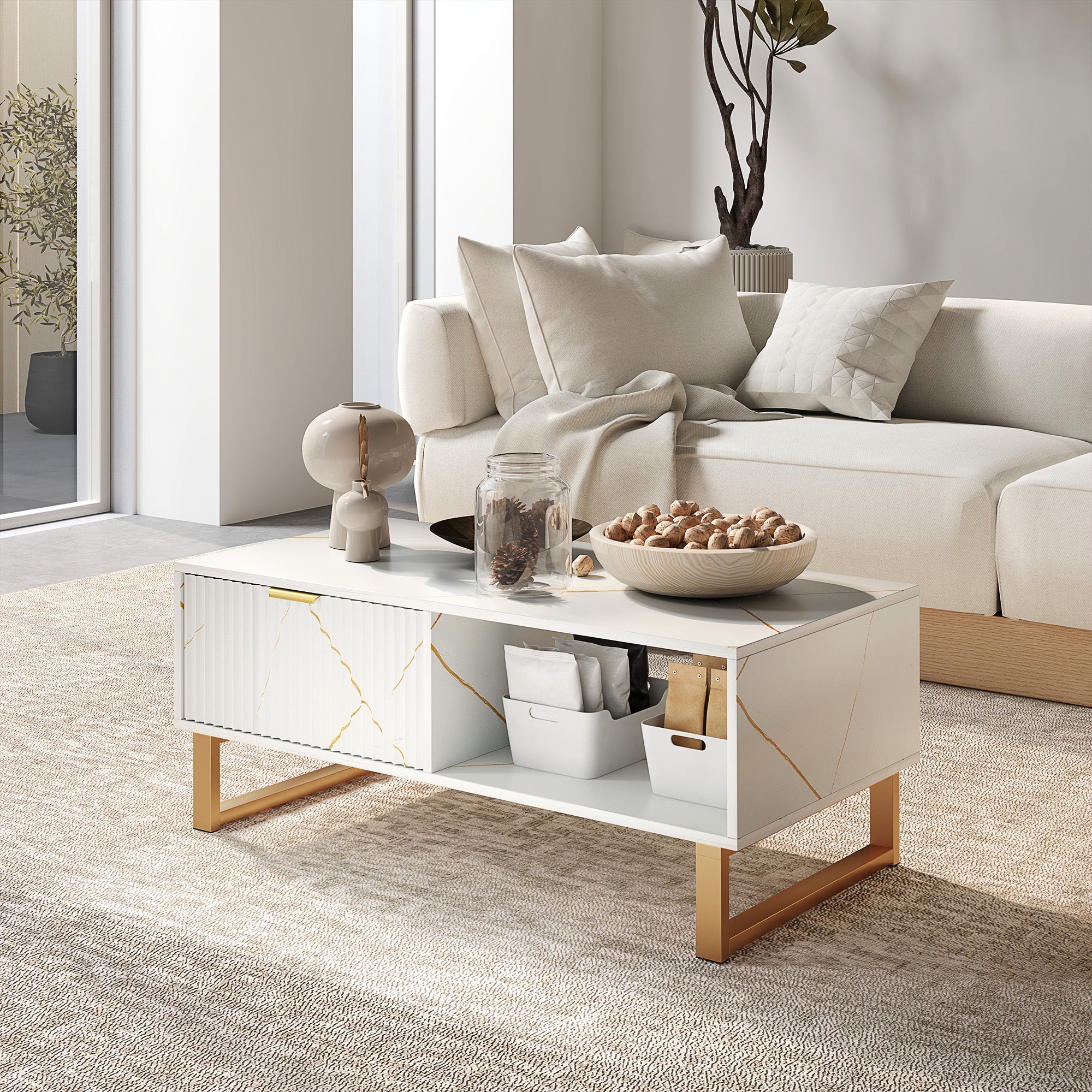 HOMCOM Elegant Marble Effect Storage Coffee Table - White - North Peak Garden Furniture