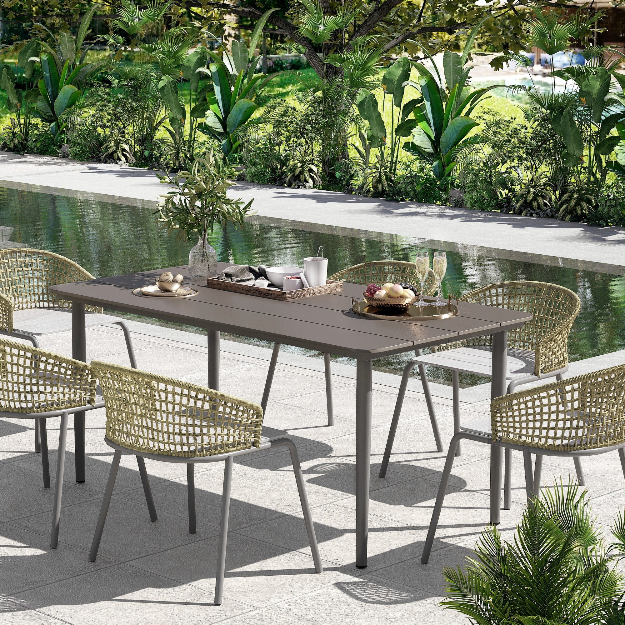 Outsunny Garden Table, Outdoor Dining Table for 6 People, 160 x 90 x 74 cm, with Rust Resistant Metal Frame, WPC Top, for Balcony, Terrace, Dark Grey - North Peak Garden Furniture