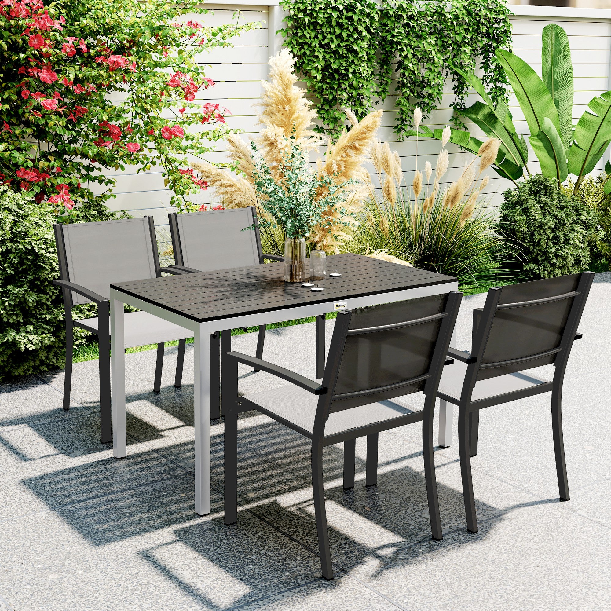 Outsunny Garden Table for 4-6, 120 x 70 cm Outdoor Dining Table with Rust-Resistant Aluminium Frame, Easy Maintenance Slatted Top, for Patio, Terrace, Balcony, Black - North Peak Garden Furniture