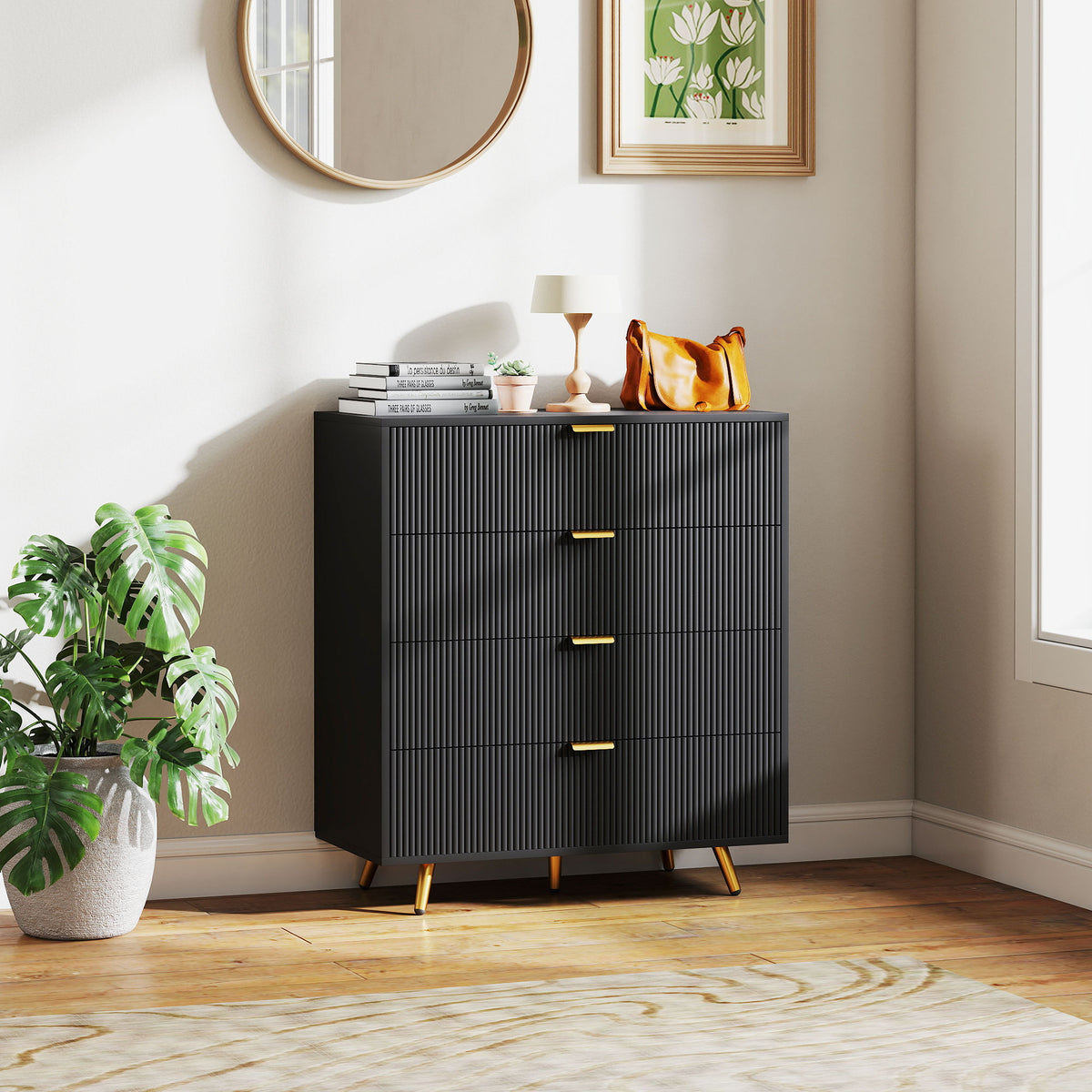 HOMCOM Bedroom Chest of Drawers with 4 Drawers, Fluted Dresser with Gold Tone Handles, Storage Cabinet for Bedroom, Living Room, Hallway, Entryway, Black
