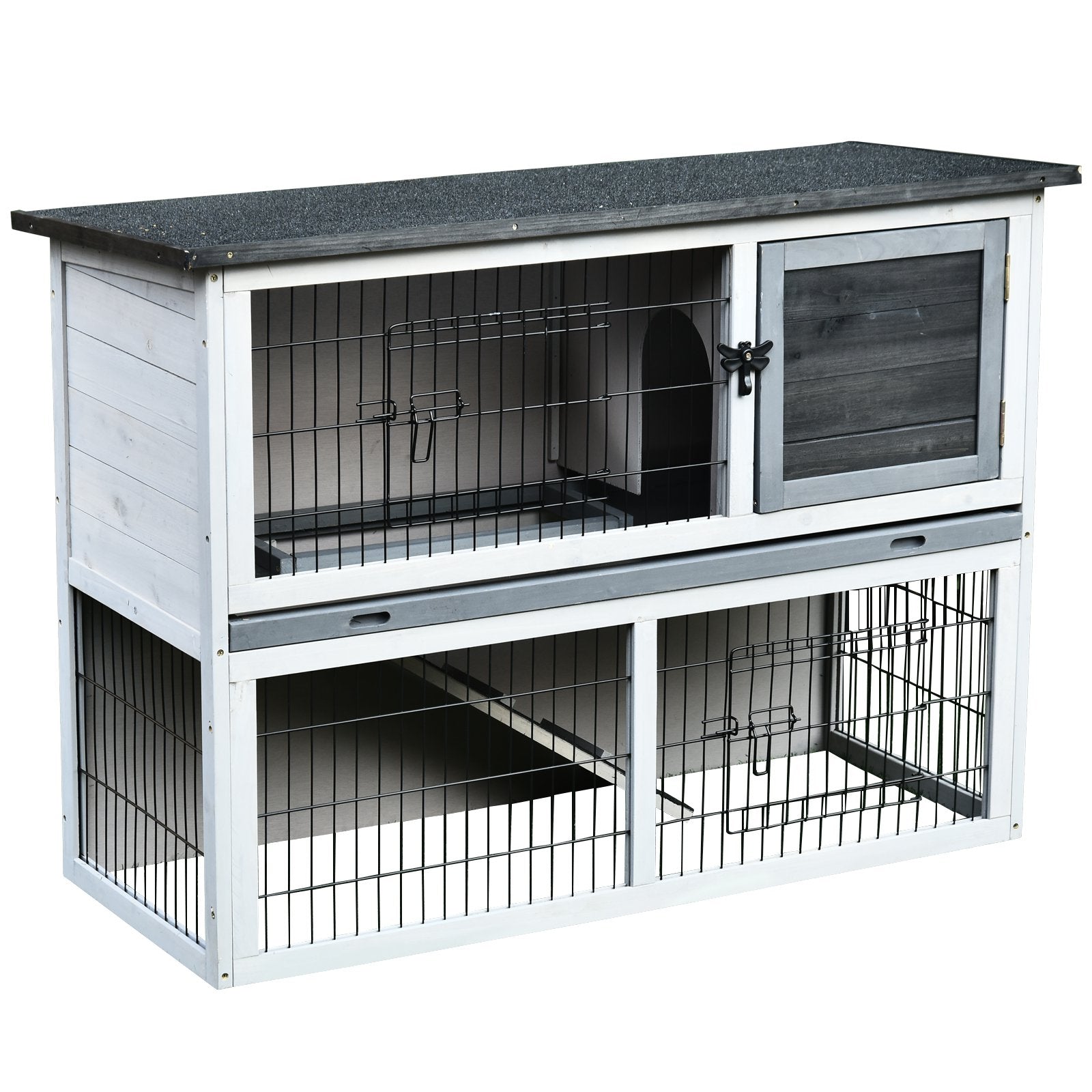 PawHut Small Animal Two-Level Fir Wood Guinea Pigs Hutches Bunny Cage w/ Slide Out Tray Grey - North Peak Garden Furniture