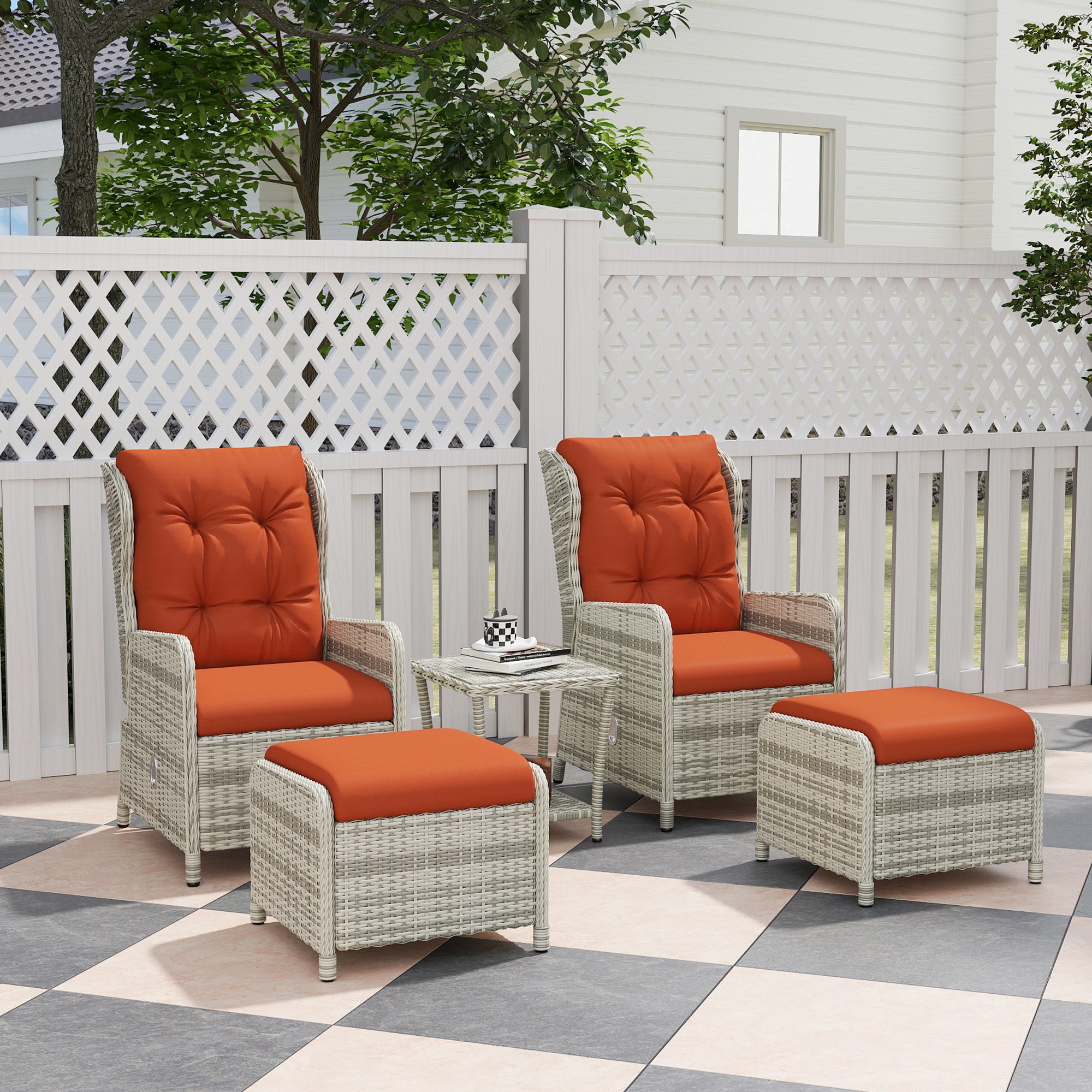 Outsunny 5 Pieces Rattan Bistro Set with Adjustable Back, Reclining Wicker Balcony Furniture with Cushions, Glass Top Coffee Table and Footstools, Outdoor Table and Chairs, Orange - North Peak Garden Furniture