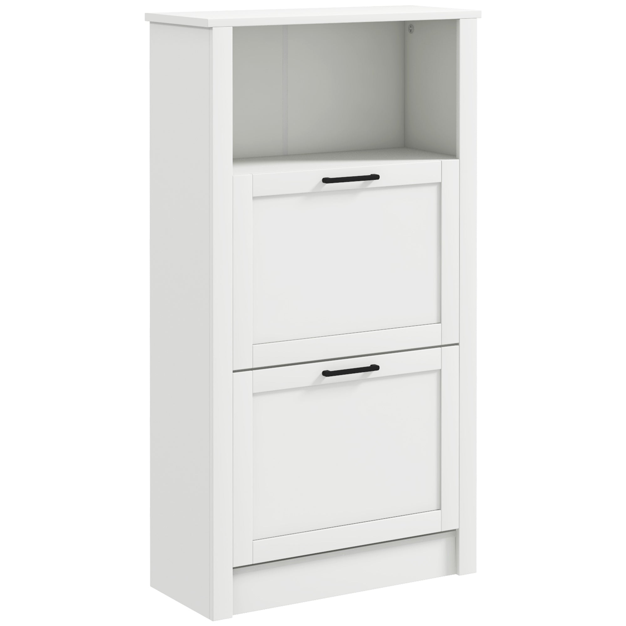 HOMCOM Modern Shoe Cabinet with 2 Flip Drawers and Adjustable Shelves, Narrow Shoe Storage Cabinet with Open Compartment, Holds 10 Pairs for Entryway, Hallway, White - North Peak Garden Furniture