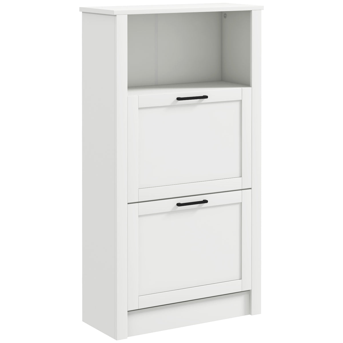 HOMCOM Modern Shoe Cabinet with 2 Flip Drawers and Adjustable Shelves, Narrow Shoe Storage Cabinet with Open Compartment, Holds 10 Pairs for Entryway, Hallway, White