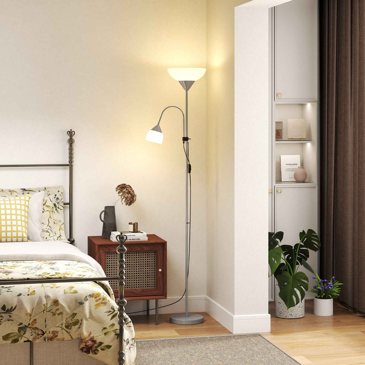 HOMCOM Modern Floor Lamp, Uplighter 2-Light Reading Lamp with Adjustable Heads, Tall Standing Lamp for Living Room, Bedroom, Office