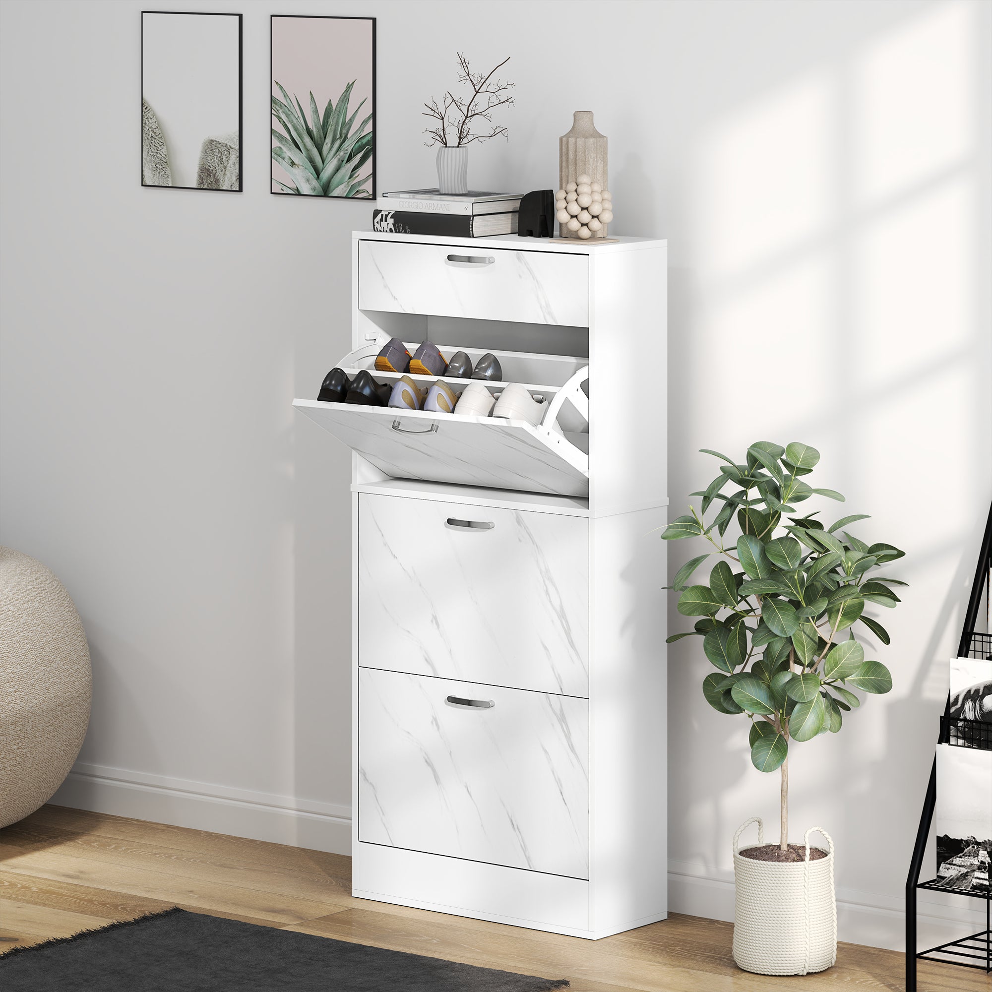 HOMCOM Marble Shoe Storage Cabinet with 3 Flip Drawers, Hallway Cabinet with Top Drawer and Adjustable Shelves, Shoe Cupboard for 18 Pairs, White - North Peak Garden Furniture