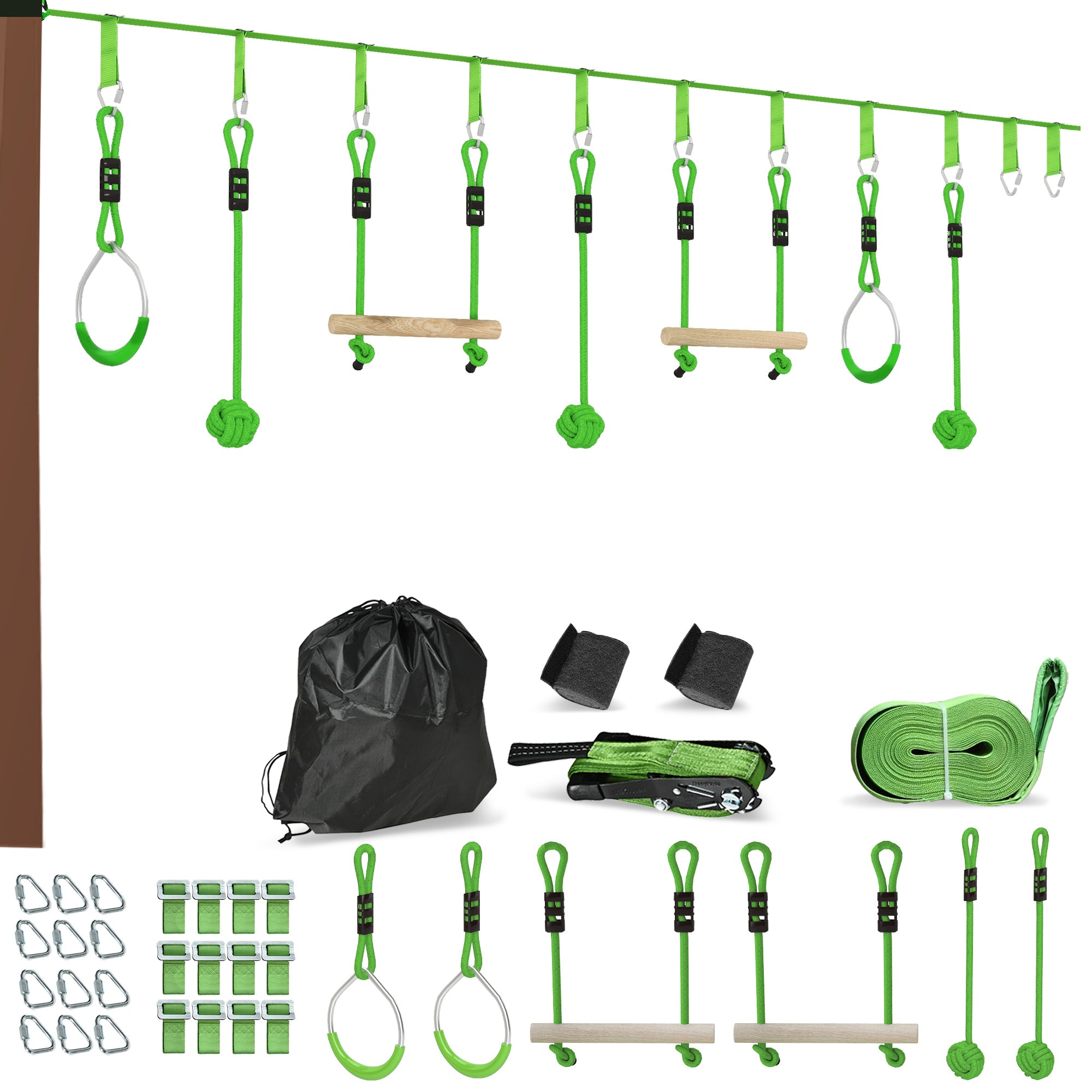 AIYAPLAY 7 Piece Kids Zip Line Kit for Garden, 10m Kids Slackline Kit with Wooden Monkey Bars, Metal Rings, Gripping Balls, Green - North Peak Garden Furniture