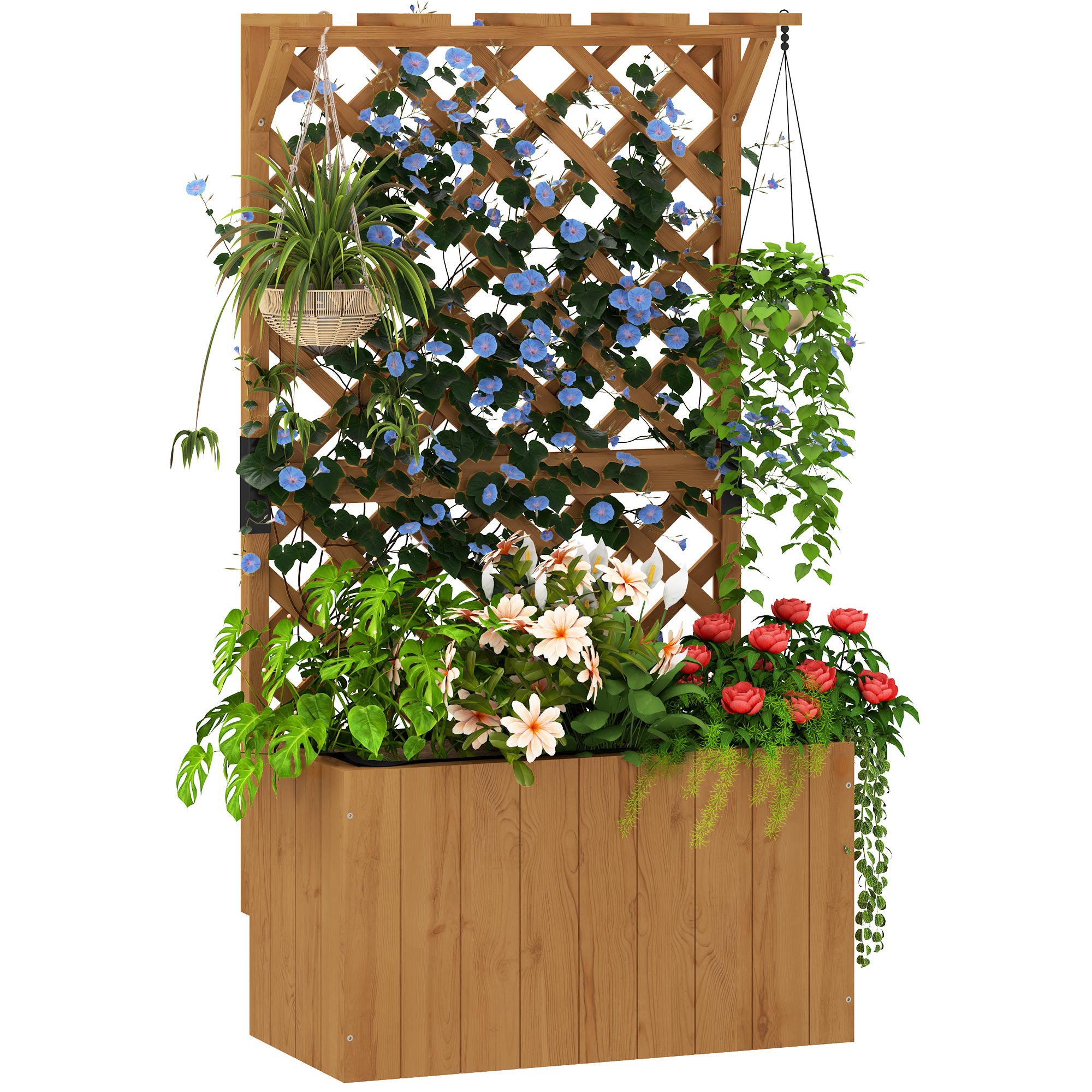 Outsunny Wooden Planter with Trellis, Freestanding Raised Garden Bed with Drainage Holes, Outdoor Planter Box with Liner for Vegetables, Herbs and Flowers, Natural - North Peak Garden Furniture