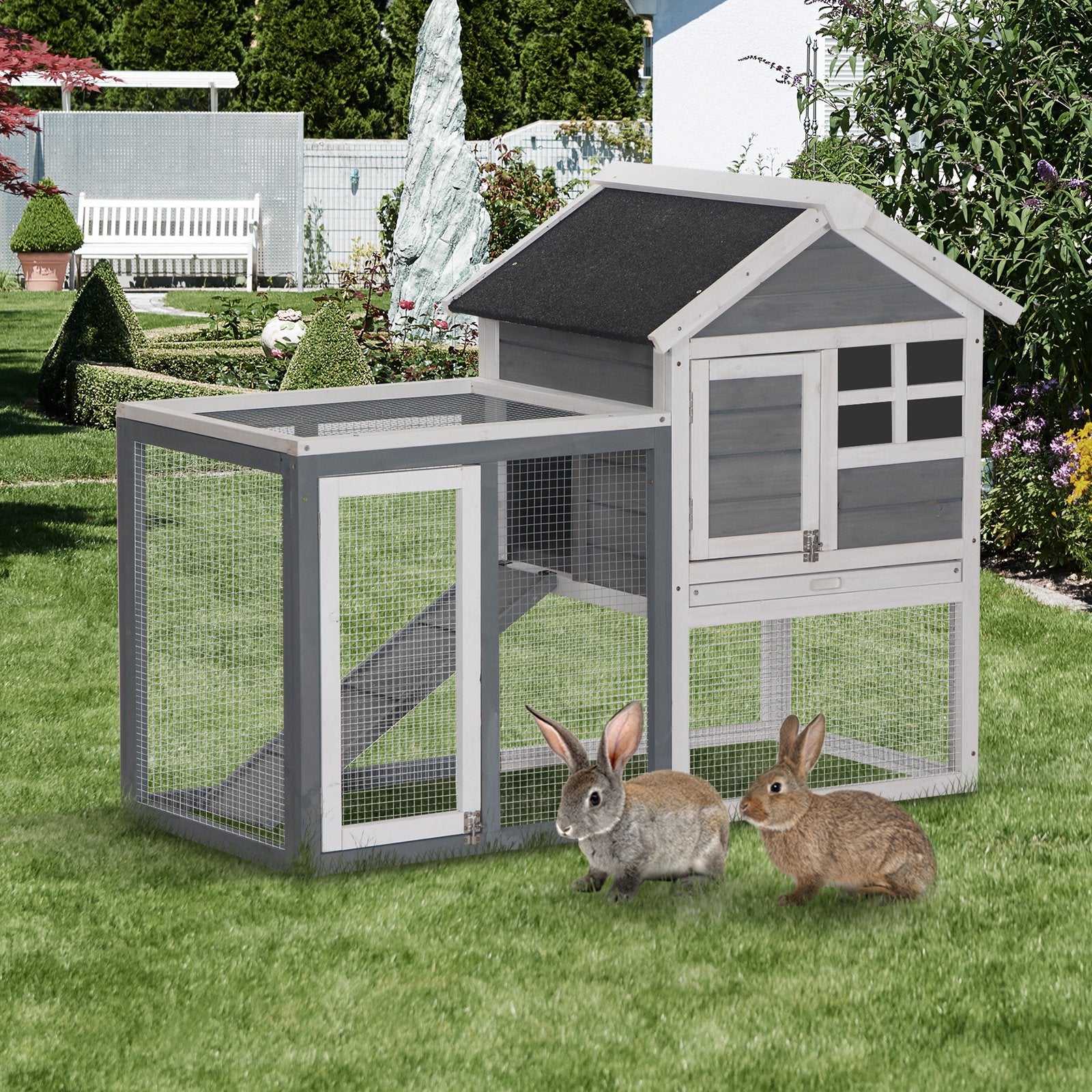 PawHut 2 Tier Wooden Guinea Pigs Hutches Guinea Pig Cage Rabbit Cage Pull Out Tray W/ Ramp 122 x 62.6 x 92 cm - North Peak Garden Furniture