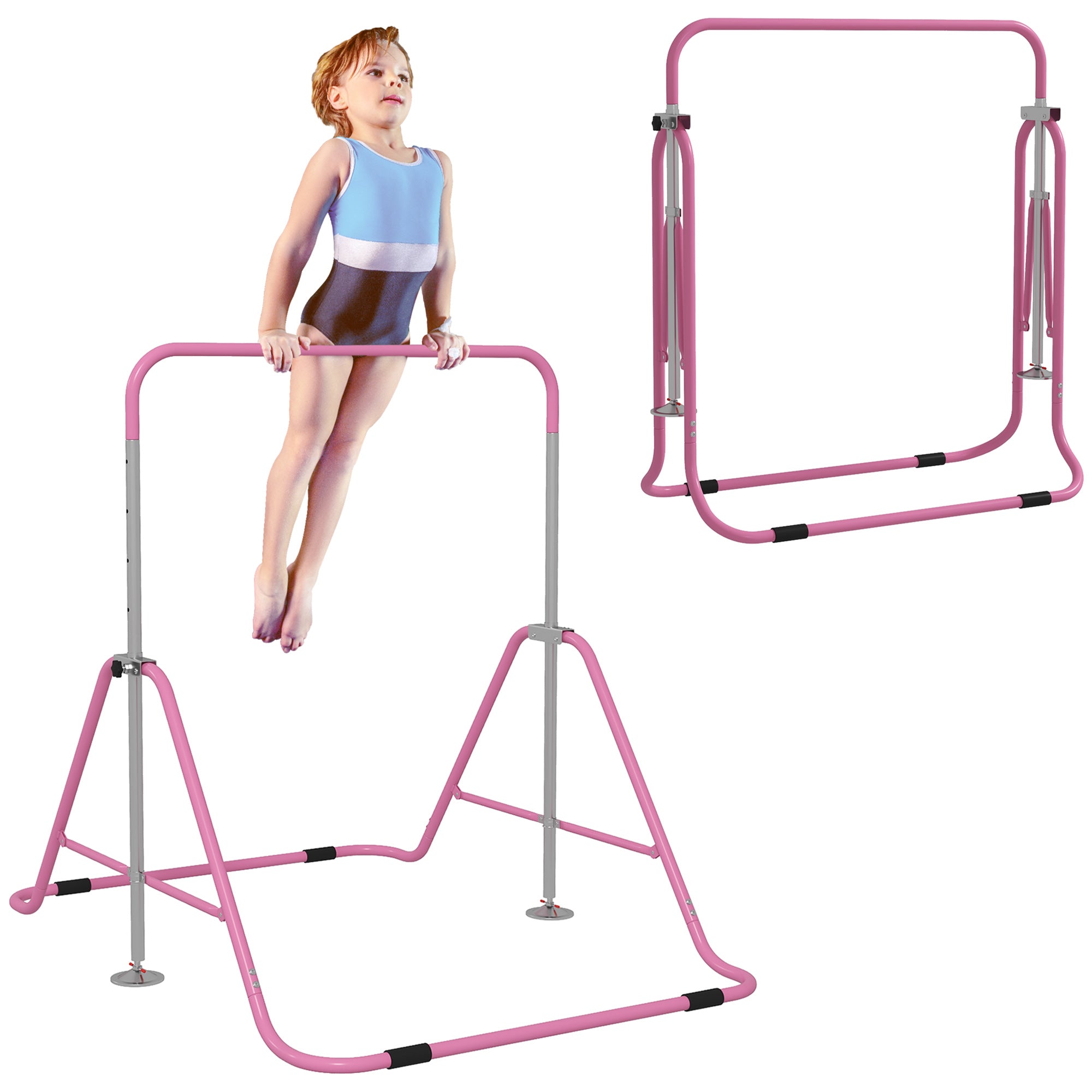 HOMCOM Kids Gymnastic Bar, with Adjustable Height, Foldable Horizontal Bars - Pink - North Peak Garden Furniture