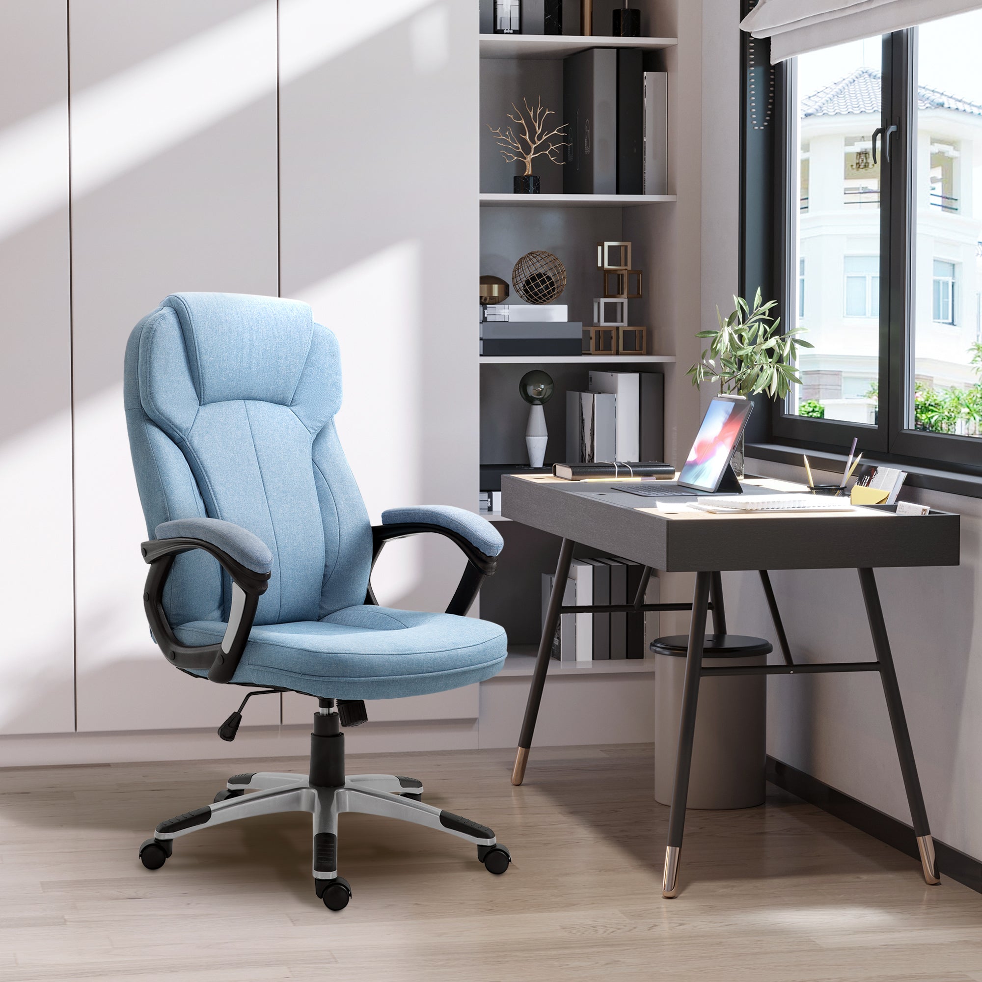 Vinsetto Office Chair, Linen Fabric Desk Chair, Height Adjustable Computer Chair with Padded Armrests, Swivel Wheels and Tilt Function, Blue - North Peak Garden Furniture
