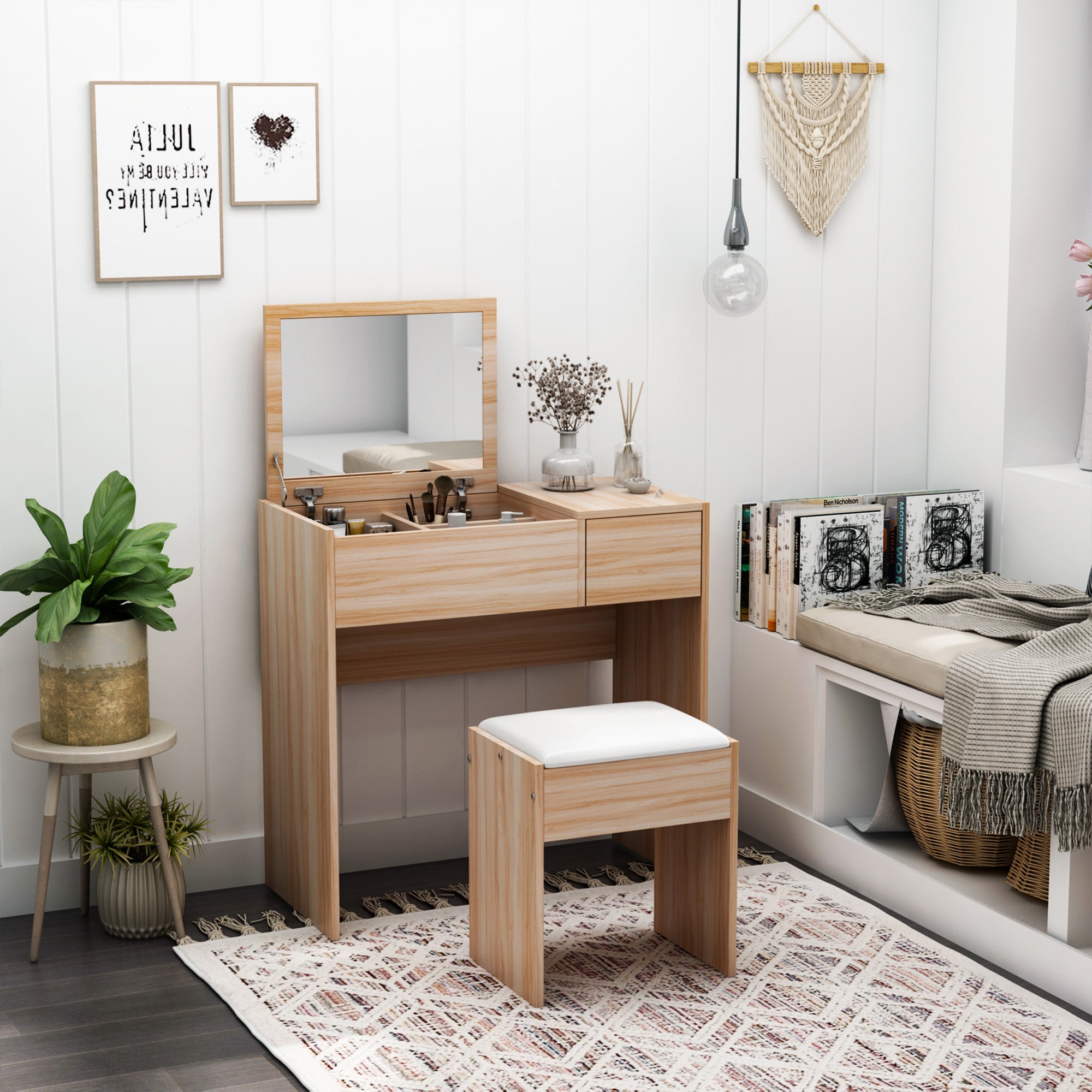 HOMCOM Makeup Desk with Drawer, Vanity Table Set with Flip-up Mirror and Cushioned Stool, Natural - North Peak Garden Furniture
