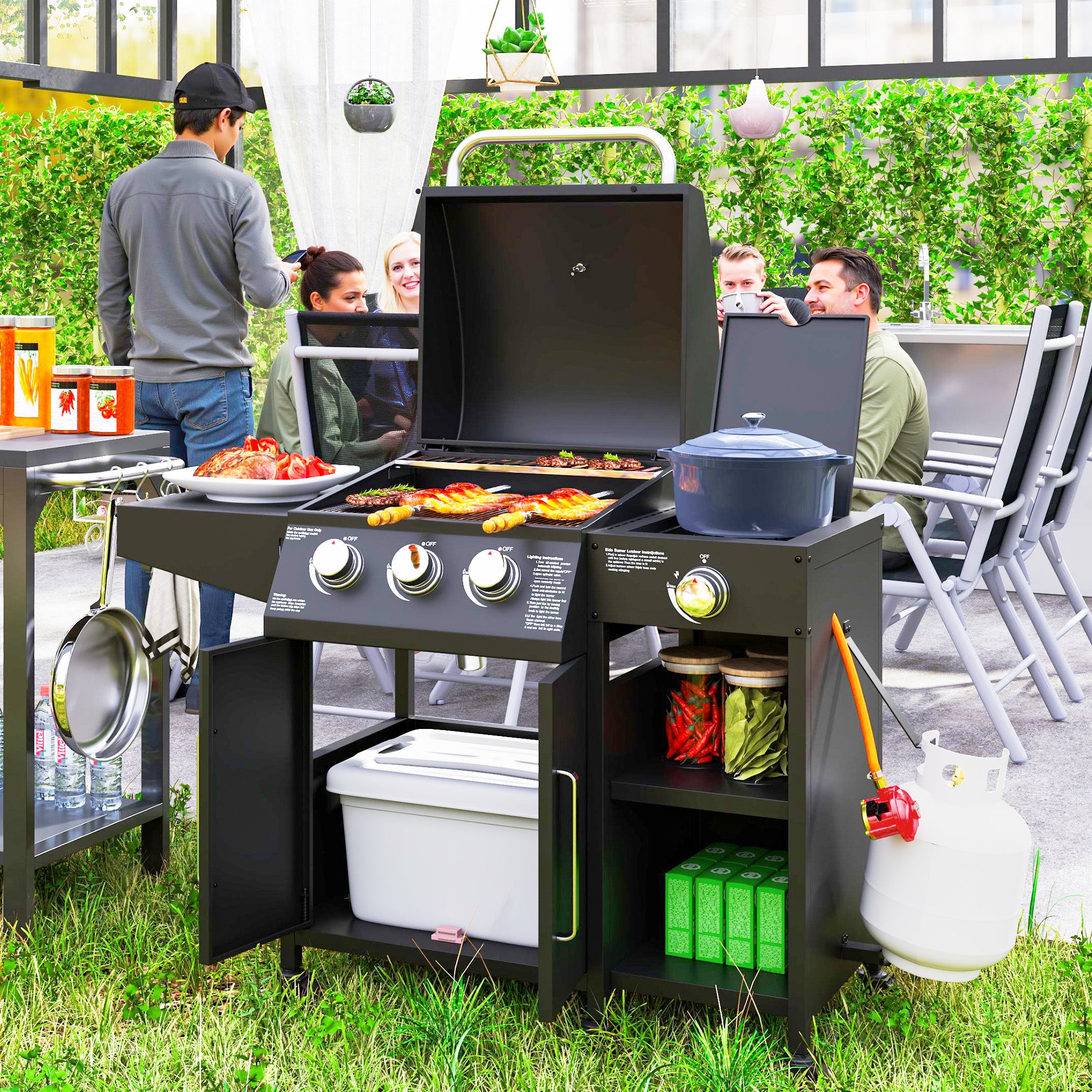 Outsunny 3+1 Burner Gas BBQ Grill with Storage Cabinet and Shelves, 9.5 kW Gas Barbecue Trolley with 6 Castor Wheels, Warming Rack, Thermometer for Outdoor Cooking Garden Party, Black - North Peak Garden Furniture