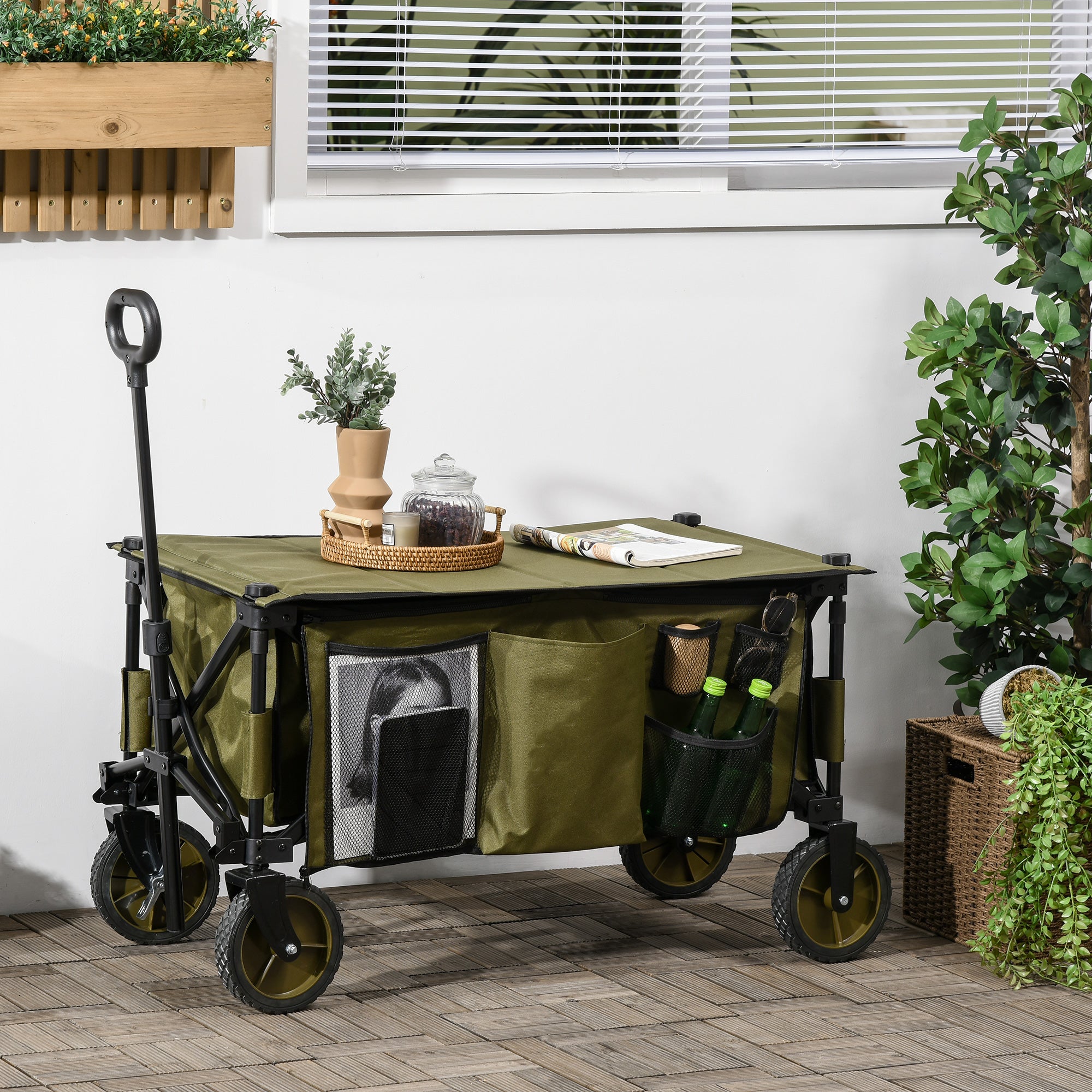 Outsunny Folding Garden Trolley, Cargo Trailer on Wheels, Collapsible Camping Trolley with Folding Board, Outdoor Utility Wagon with Steel Frame and Oxford Fabric, Green - North Peak Garden Furniture