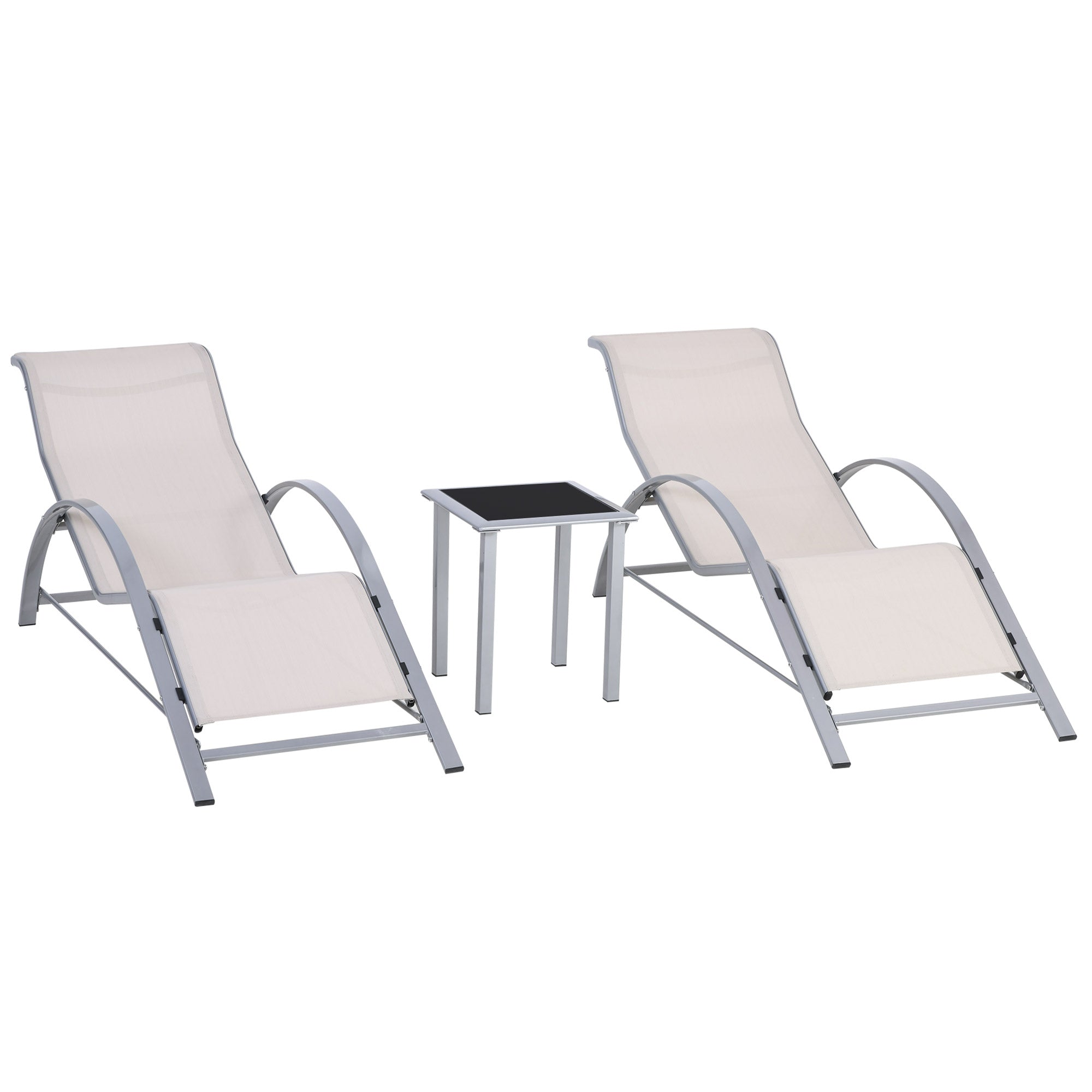 Outsunny 3 Pieces Lounge Chair Set Metal Frame Garden Outdoor Recliner Sunbathing Chair with Table, Cream - North Peak Garden Furniture
