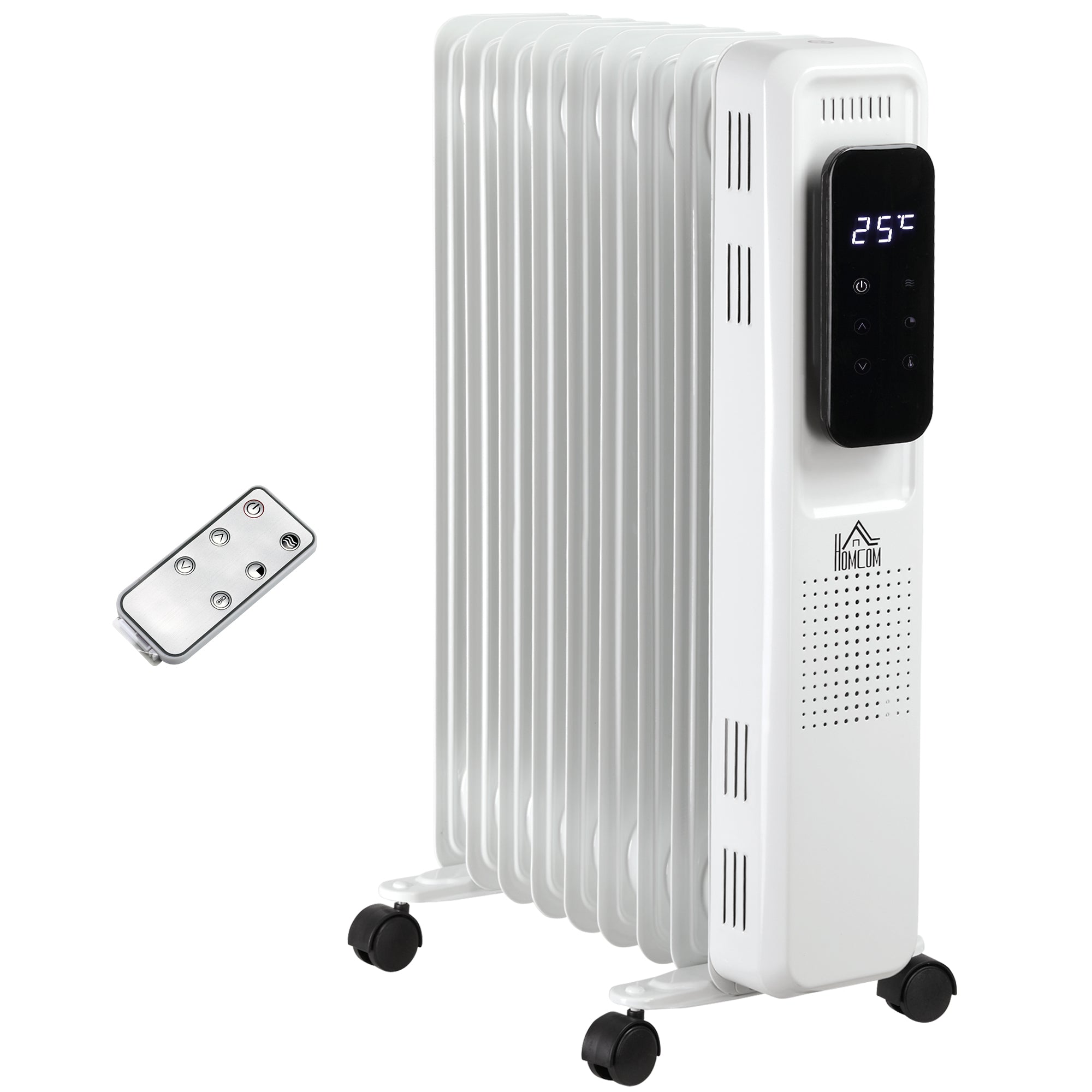 HOMCOM 2000W Oil Filled Radiator, 9 Fin Portable Electric Heater with LED Display, 24H Timer, 3 Heat Settings, Adjustable Thermostat, Safety Cut off, Remote Control, White - North Peak Garden Furniture