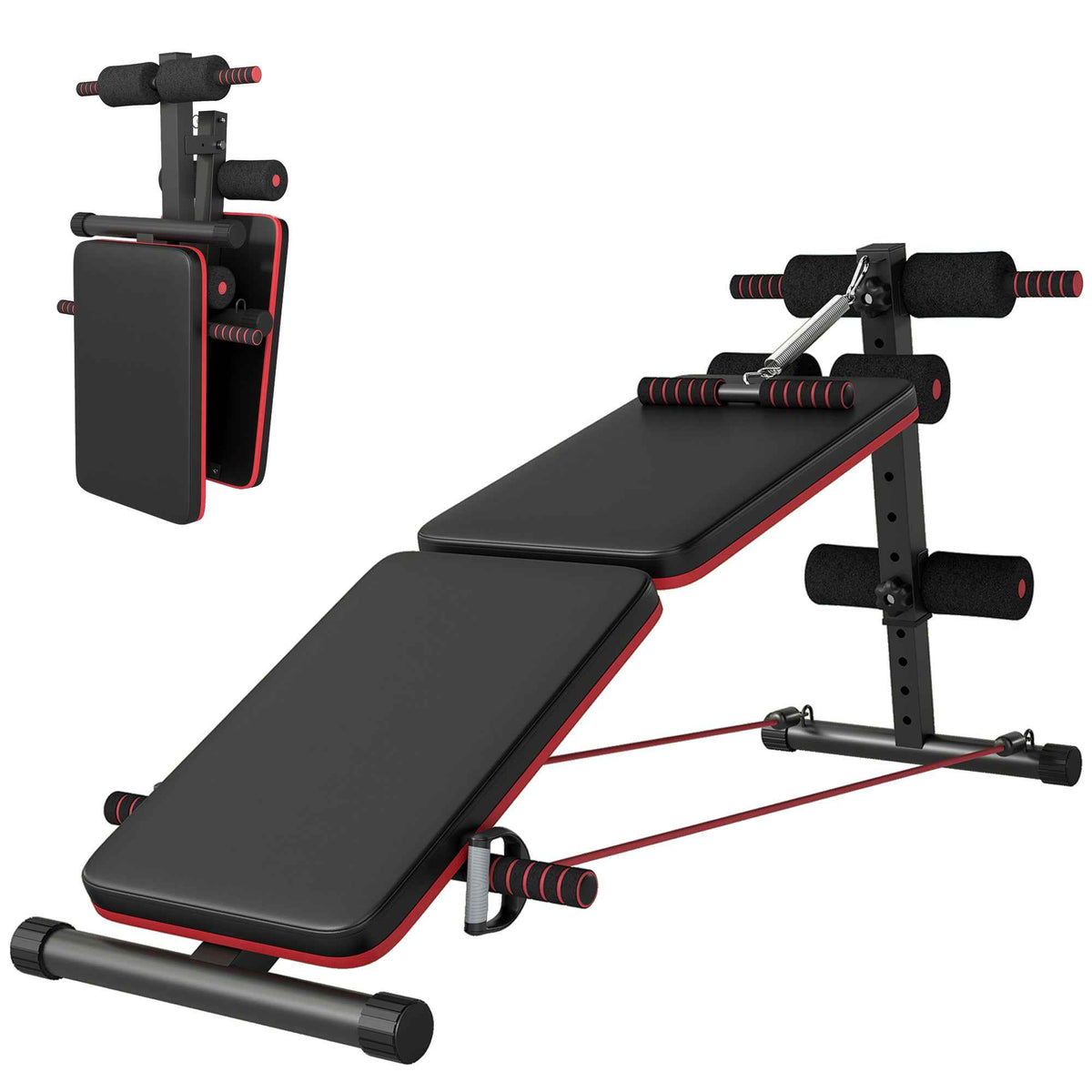 HOMCOM Sit Up Bench Core Workout Adjustable Thigh Support Foldable for Home Gym w/ Arm Pulling Rope Black