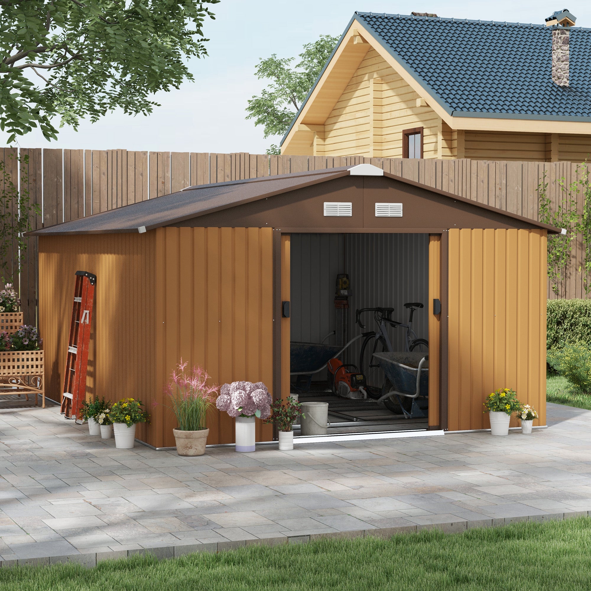 Outsunny 13 x 11ft Metal Garden Shed, Outdoor Storage Tool House with Ventilation Slots, Foundation Kit and Lockable Double Doors, Yellow - North Peak Garden Furniture