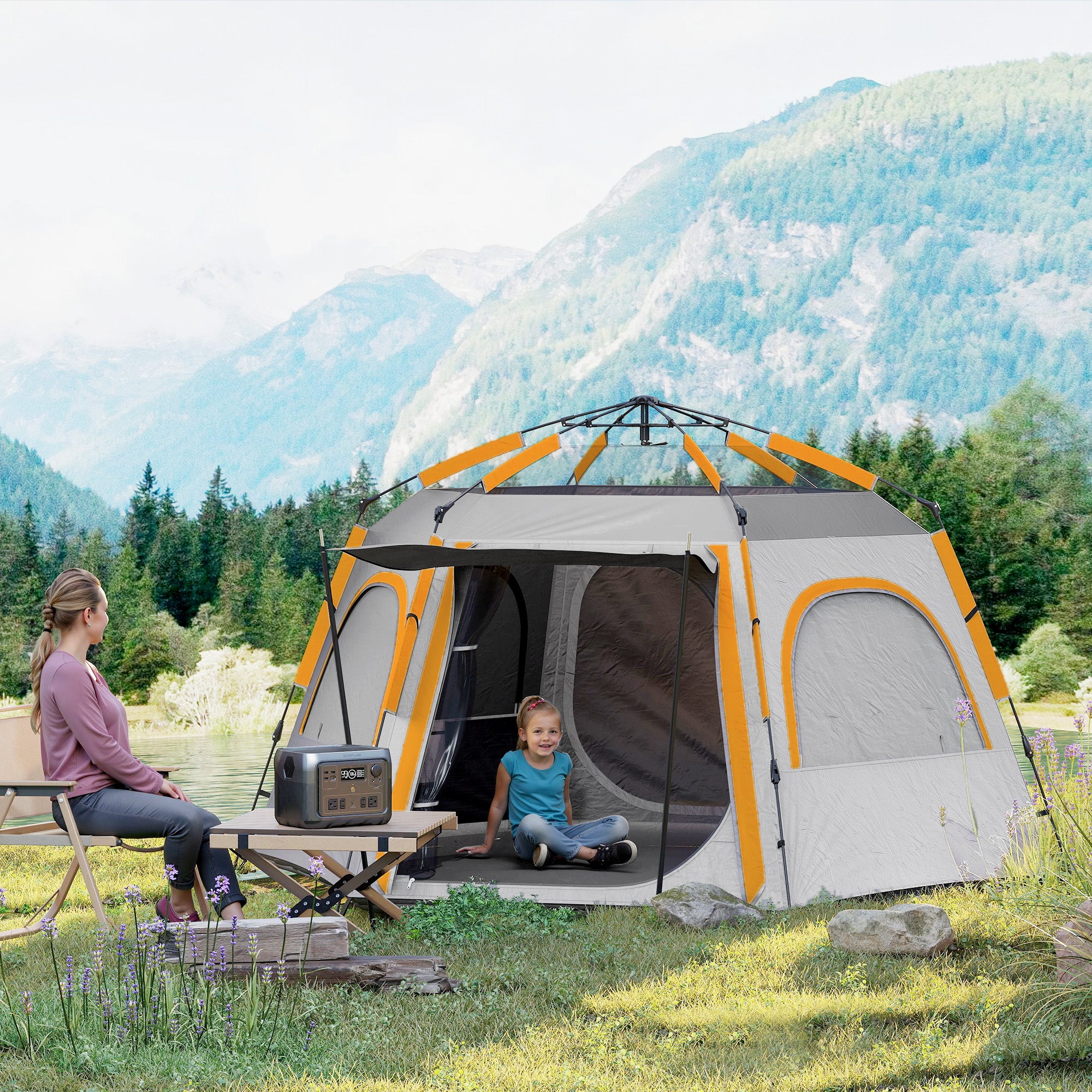 Outsunny Instant Camping Tent, 2/3/4 Person Easy Setup Family Tent with Vestibule, Rainfly, 4 Mesh Windows & 2 Doors, Hexagonal Design, Waterproof UV Protected Dome Tent, Light Grey - North Peak Garden Furniture
