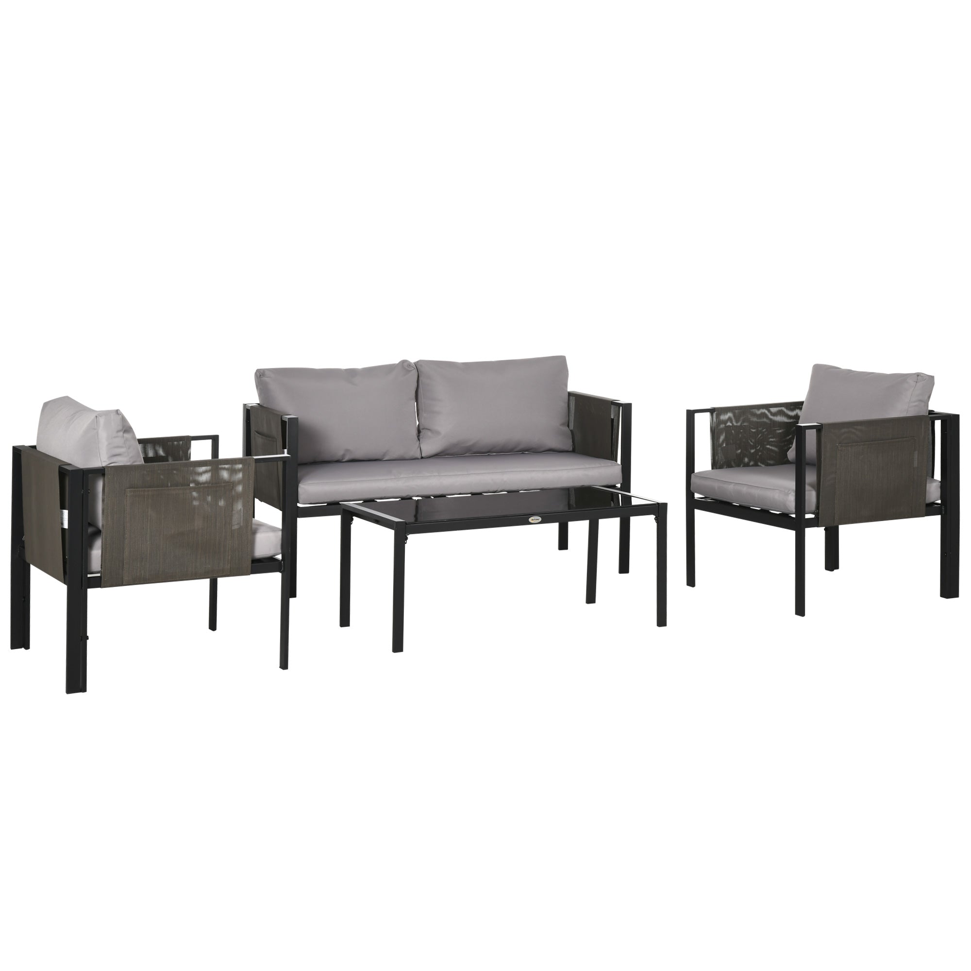 Outsunny 4 Piece Metal Garden Furniture Set with Tempered Glass Coffee Table, Texteline Pocket, Outdoor Patio Set Loveseat Single Armchairs with Padded Cushions, Light Grey - North Peak Garden Furniture