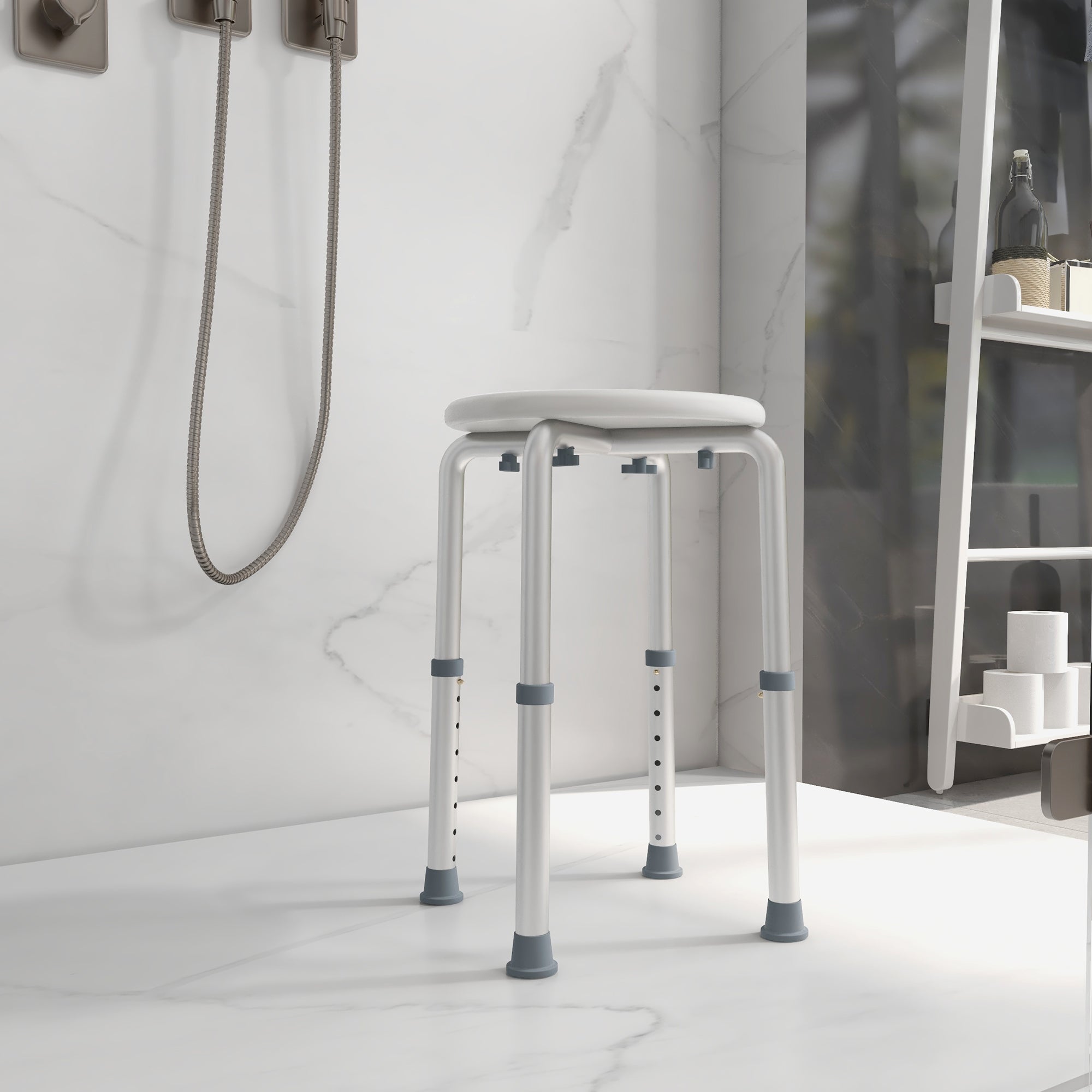 HOMCOM Shower Chair, Height Adjustable Aluminium Shower Stool with Non-Slip Feet for Disabled, Elderly, White - North Peak Garden Furniture