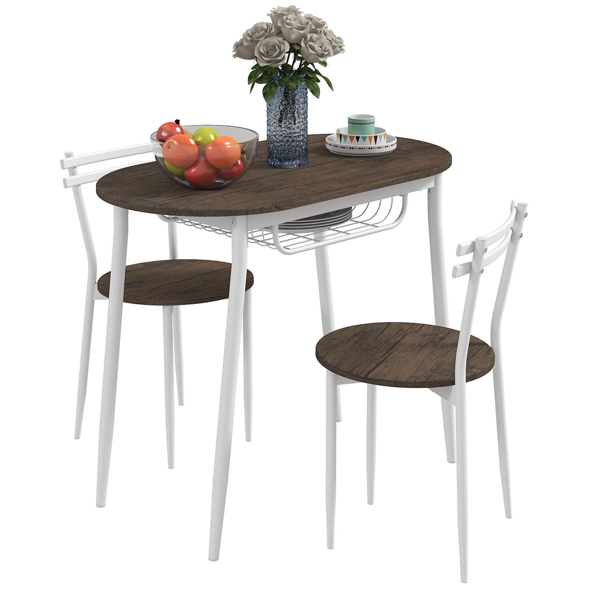 HOMCOM 3-Piece Dining Table and Chairs Set, Oval Kitchen Table with 2 Chairs, with Wire Storage Shelf and Steel Frame, Natural - North Peak Garden Furniture