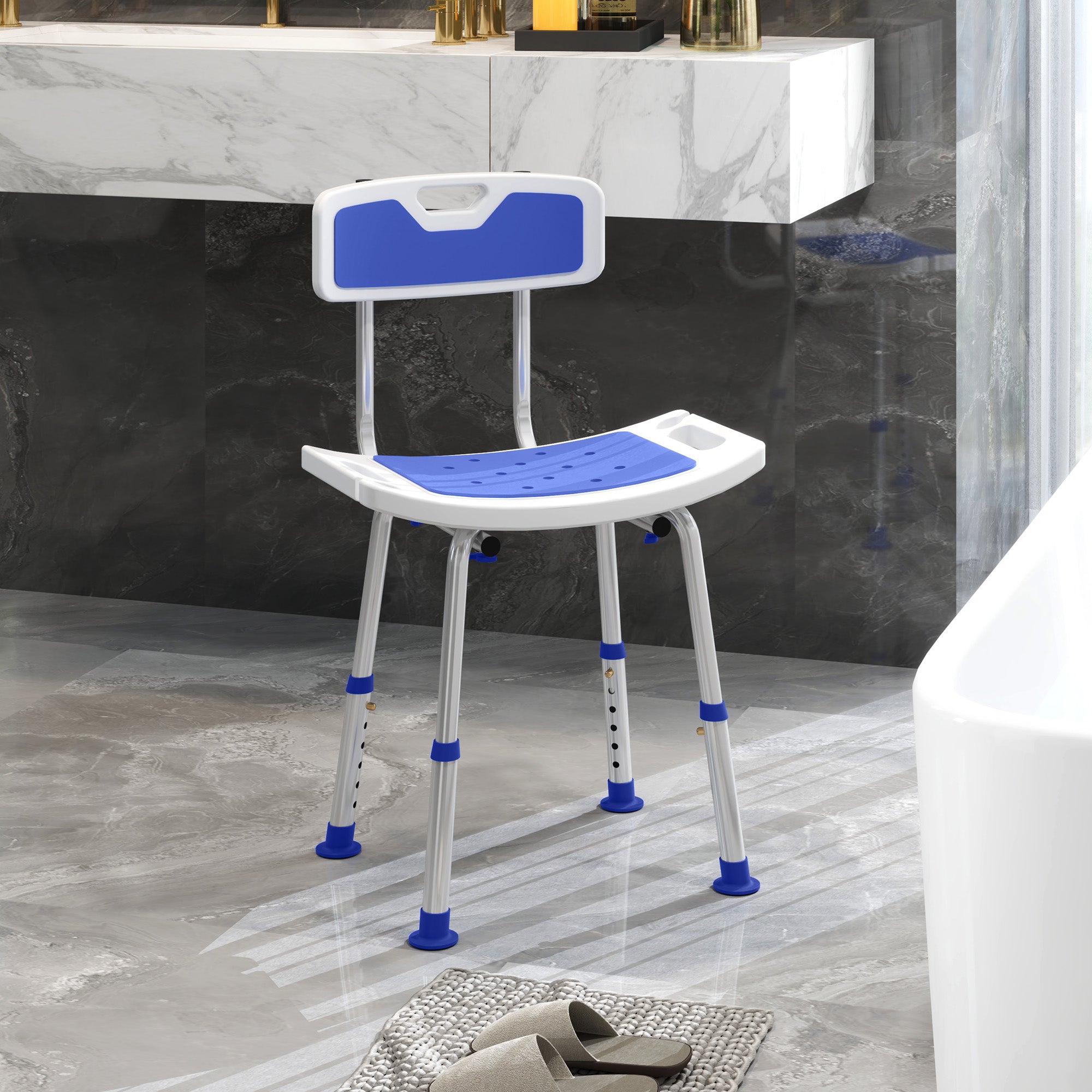 HOMCOM Shower Stool with Backrest, Height Adjustable Shower Chair with Anti-slip Foot Pads, Shower Head Holder, Blue - North Peak Garden Furniture
