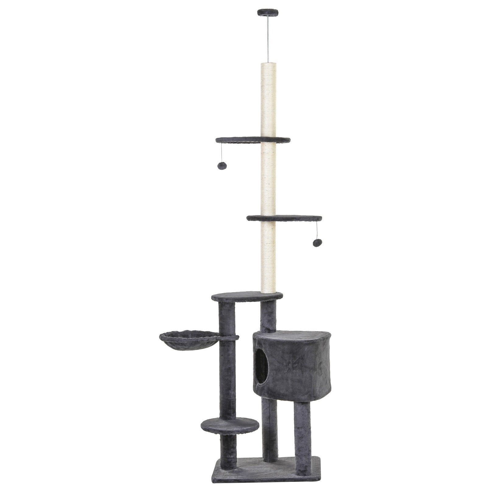 PawHut Floor to Ceiling Cat Tree for Indoor Cats Play Tower Climbing Activity Center Scratching Post Platforms Condo Adjustable Height 220-265cm Dark Grey - North Peak Garden Furniture