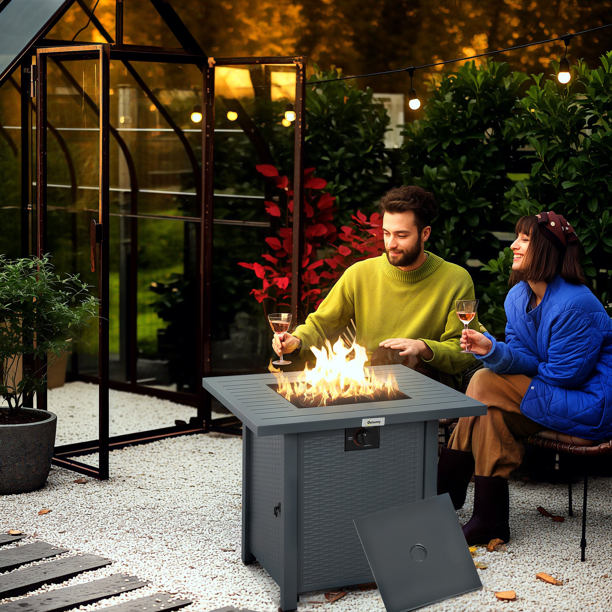 Outsunny Rattan-style Propane Gas Fire Pit Table with 40,000 BTU Burner, Square Smokeless Firepit Patio Heater with Thermocouple, Lava Rocks, Waterproof Cover, Spark Guard and Lid, Grey - North Peak Garden Furniture
