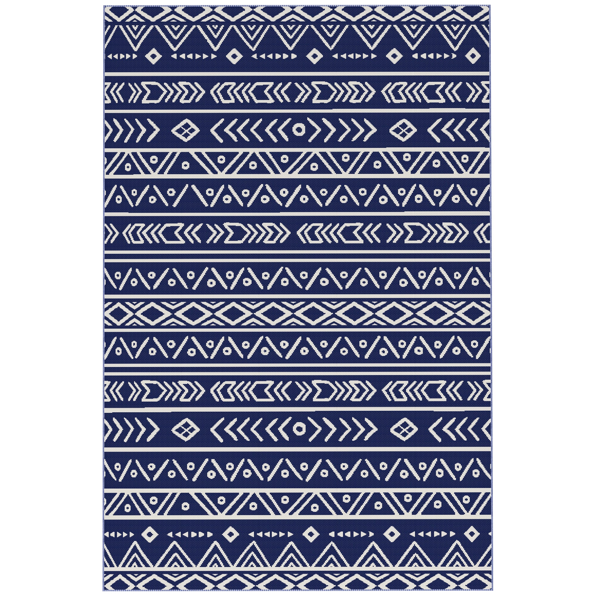 Outsunny Reversible Outdoor Rug with Carry Bag, Waterproof Plastic Straw Mat for Garden, Deck, RV, Picnic, Beach, Camping, 182 x 274cm, Dark Blue and White - North Peak Garden Furniture