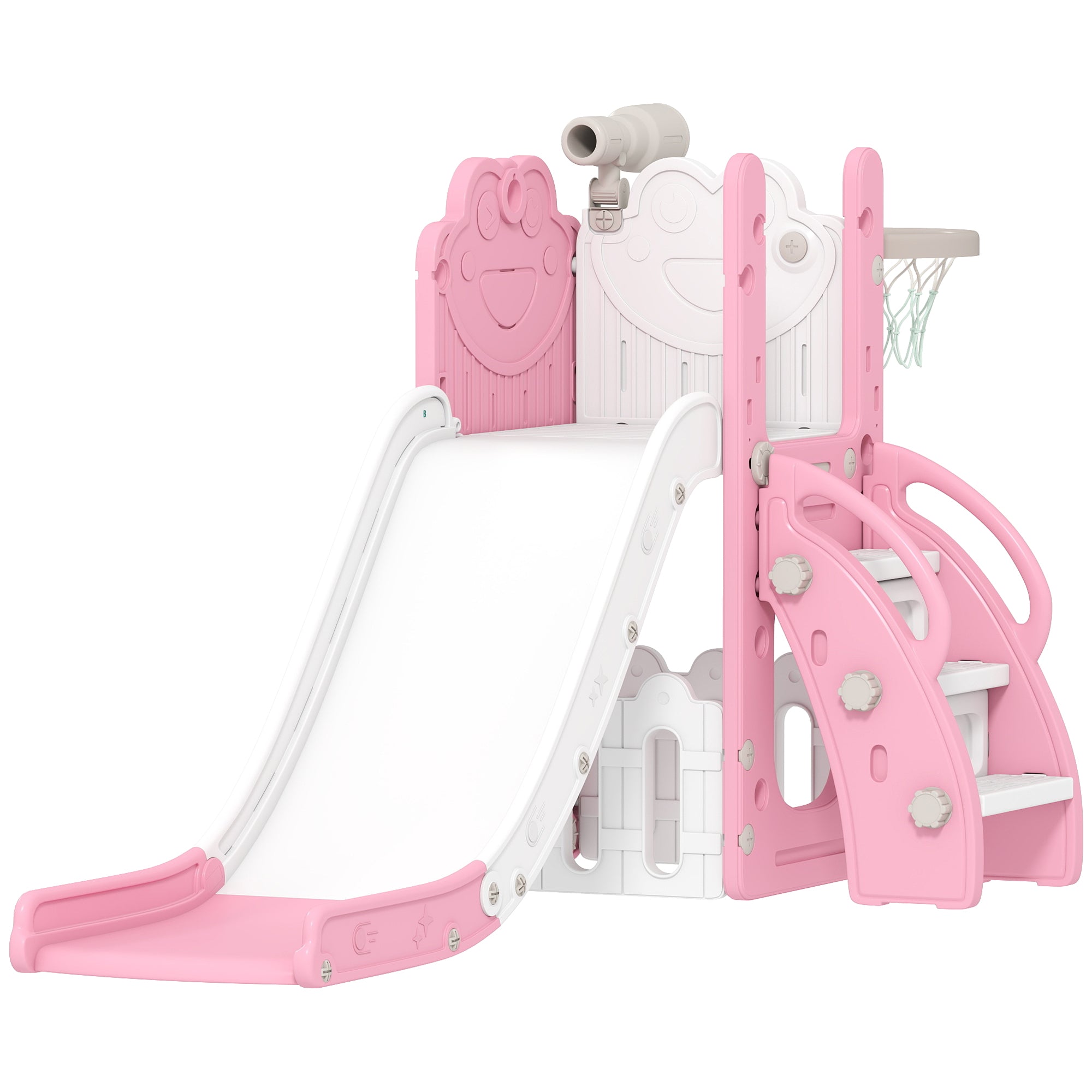 AIYAPLAY 5 in 1 Kids Slide Set with Basketball Hoop, Climbing Frame, Telescope, Storage Box for Toddlers Ages 1-3, Pink