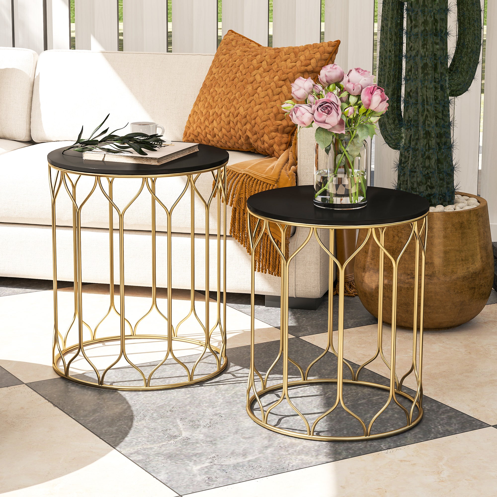Outsunny Garden Side Table Set of 2, Nesting Tables with Ceramic Tile Top, Indoor Outdoor Small Garden Tables, Multifunctional End Tables with Metal Frame for Patio, Balcony, Porch, Black - North Peak Garden Furniture