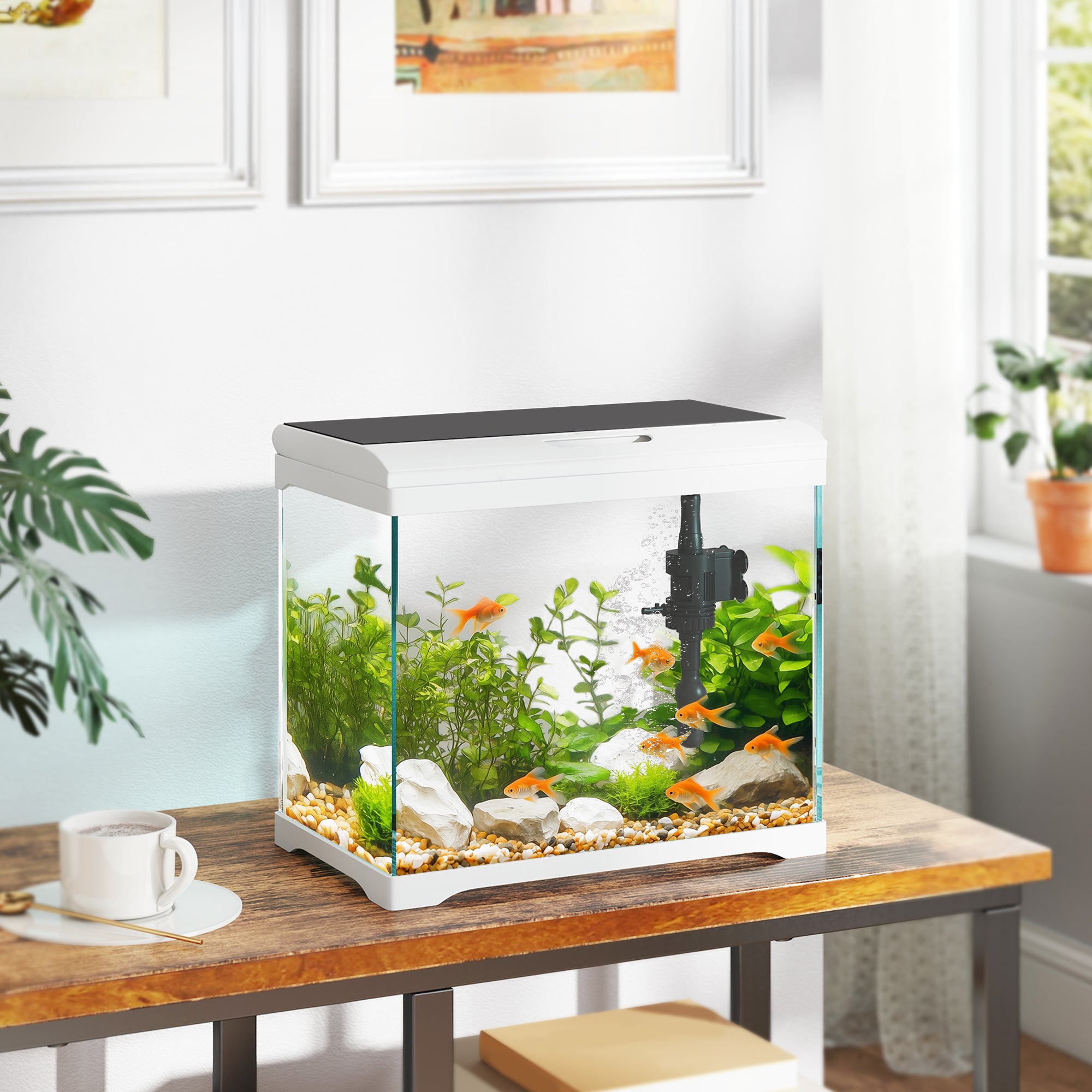 PawHut 17L Glass Fish Tank with Filter System, LED Light, Water Pump, for Betta, Goldfish, Shrimps, White - North Peak Garden Furniture