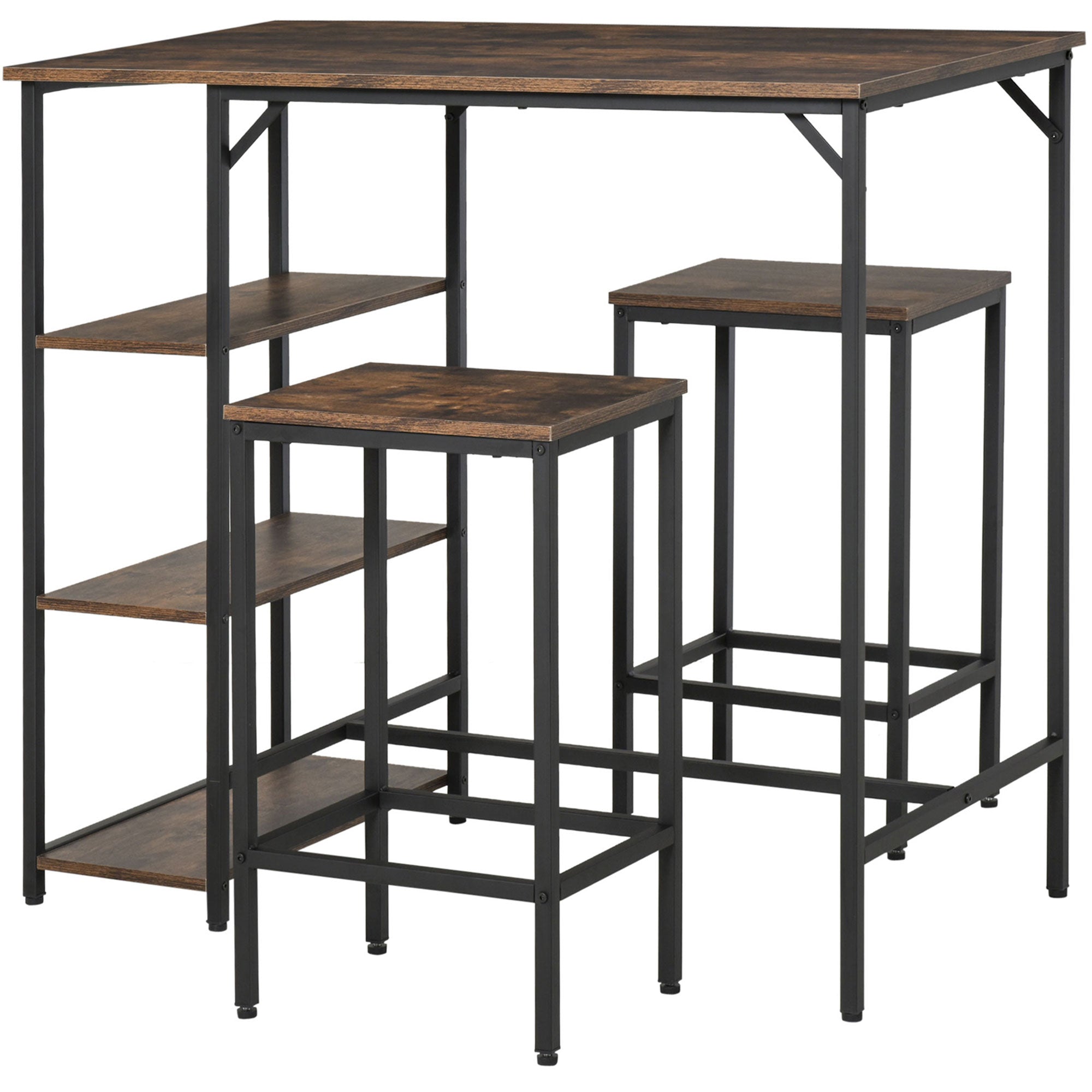 HOMCOM Industrial Bar Height Dining Table Set With 2 Stools & Side Shelf, 3 Pieces Coffee Table for Dining Room, Kitchen, Dinette - North Peak Garden Furniture