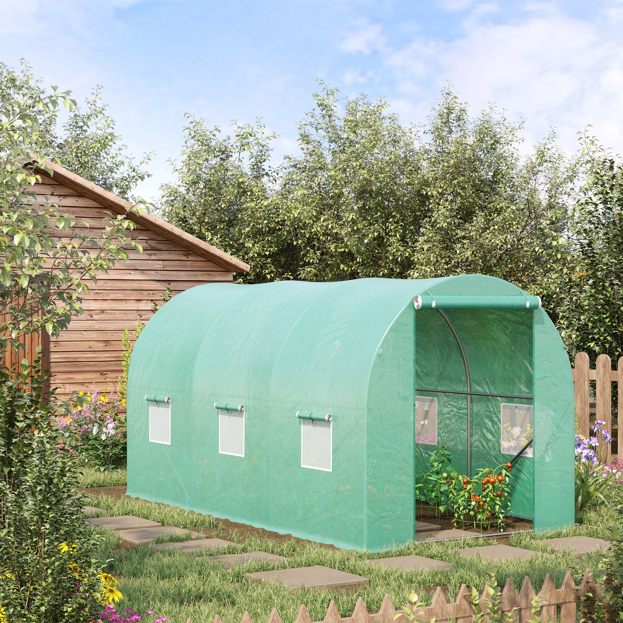 Outsunny 4L x 2W x 2H M Greenhouse Walk-in Polytunnel Outdoor Garden Flower Vegetable Planter 25mm Diameter Galvanised Steel Frame with Zipped Door